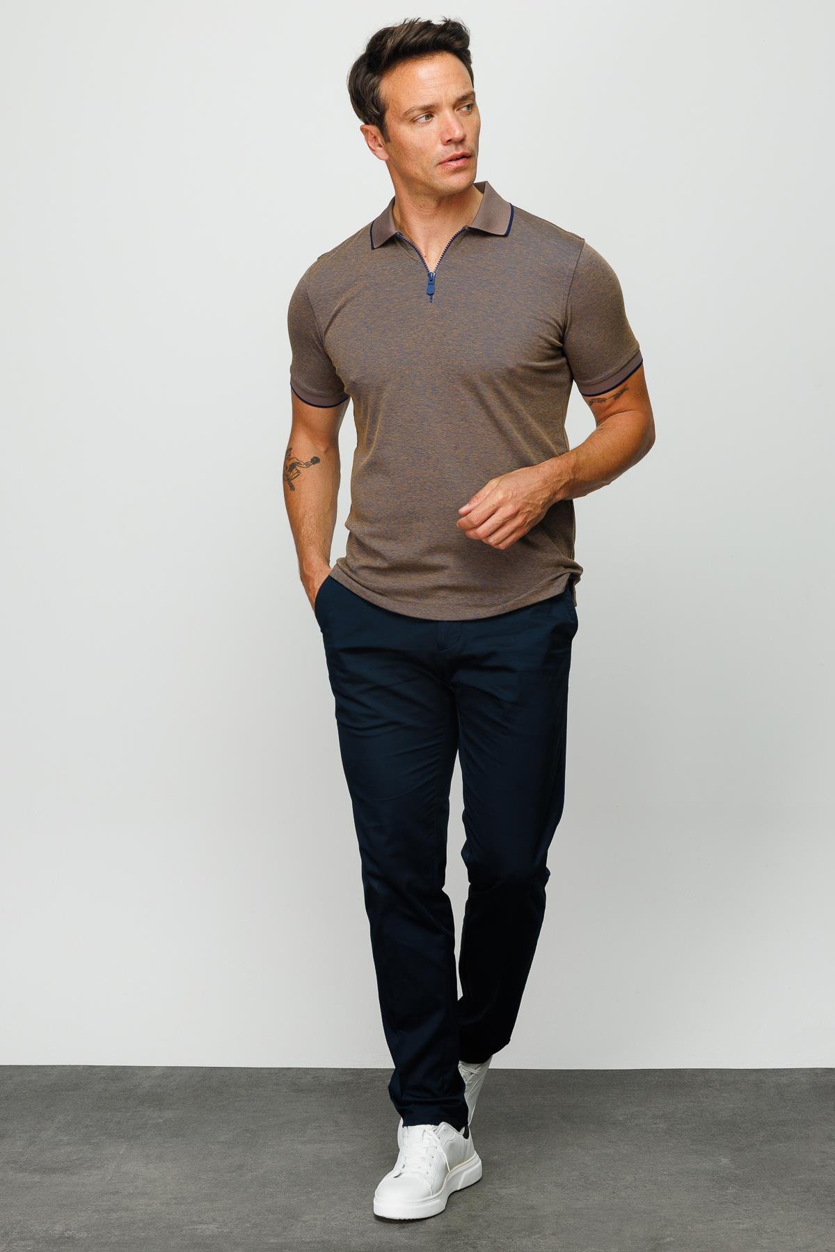 210Erkek Fermuarlı Polo Yaka T-shirt S.Kahve