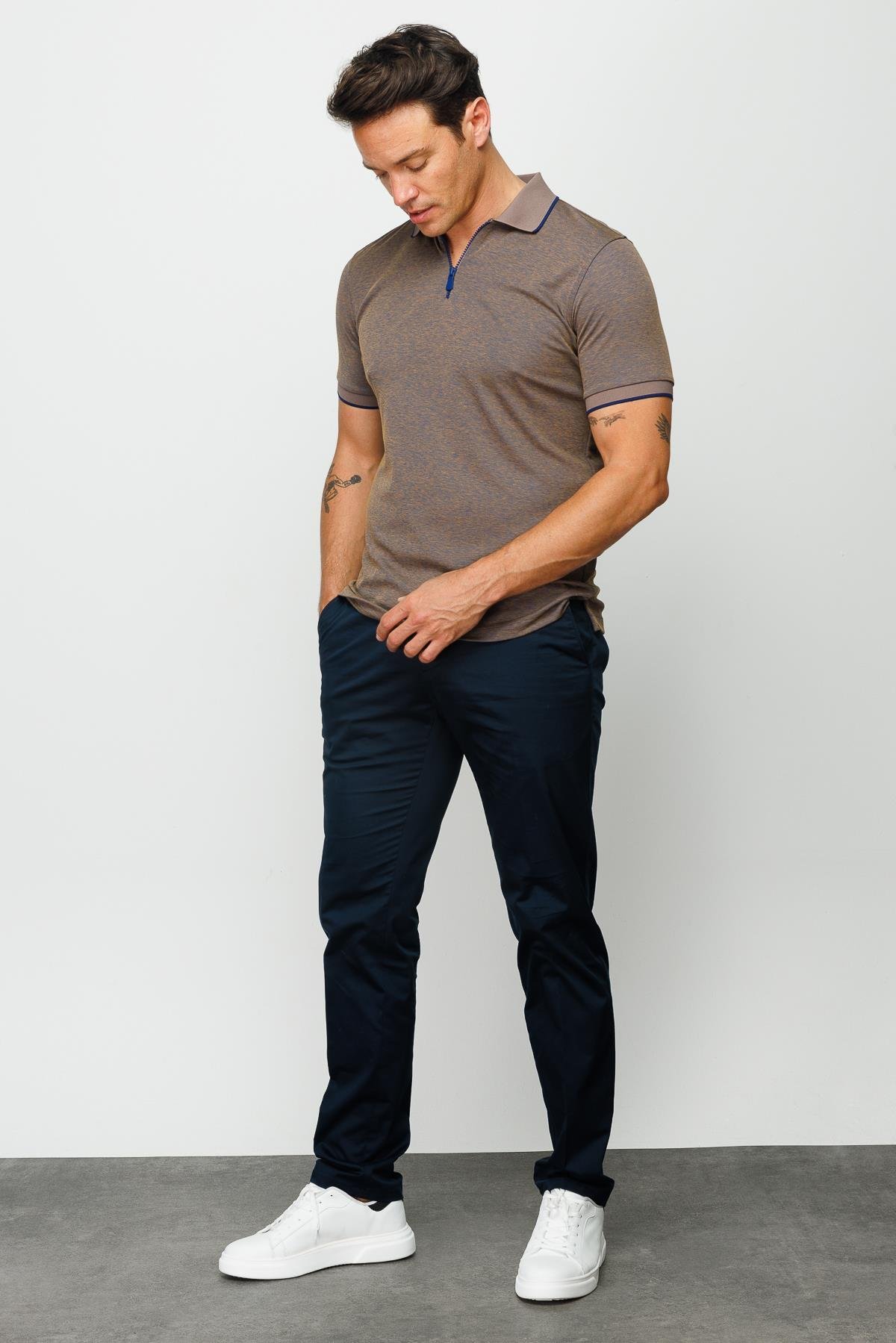 210Erkek Fermuarlı Polo Yaka T-shirt S.Kahve