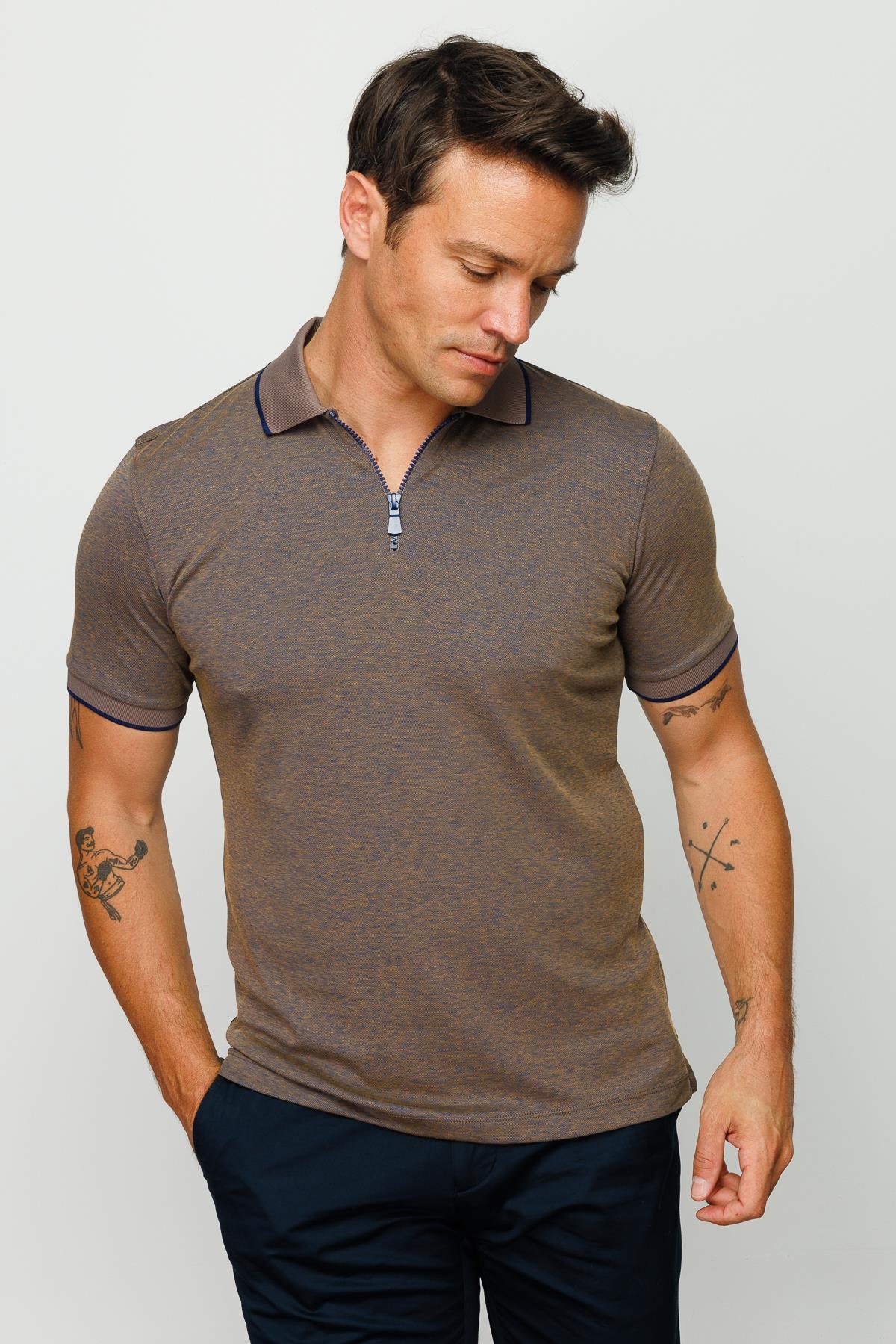 210Erkek Fermuarlı Polo Yaka T-shirt S.Kahve
