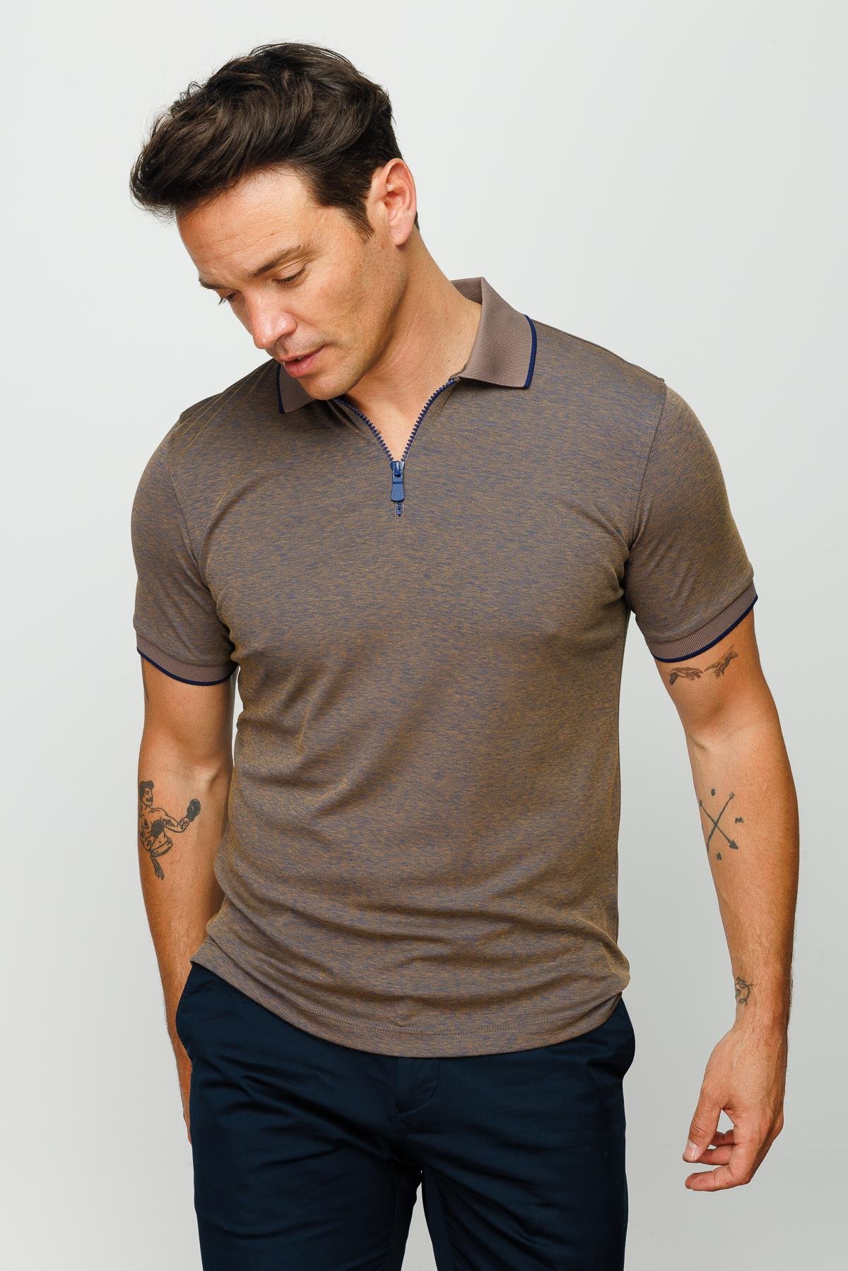 210Erkek Fermuarlı Polo Yaka T-shirt S.Kahve