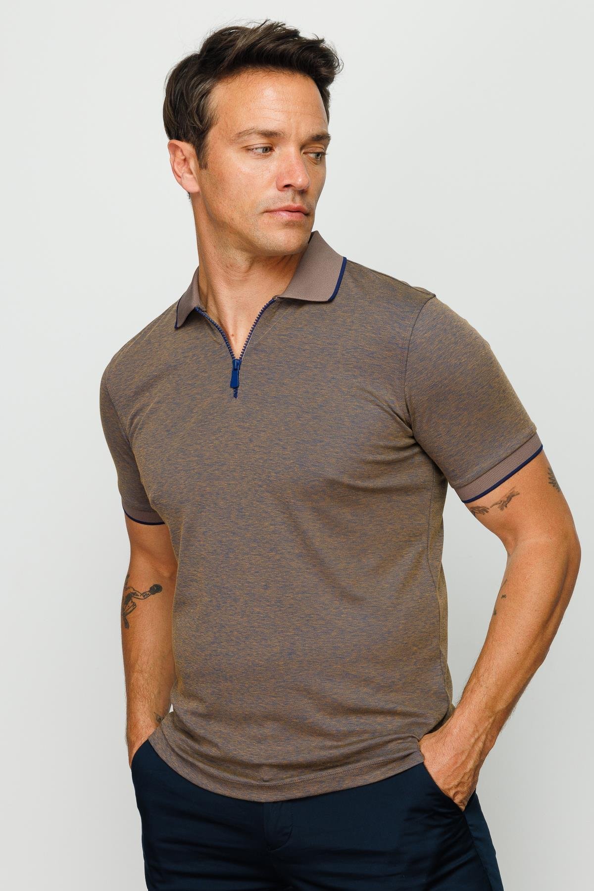 210Erkek Fermuarlı Polo Yaka T-shirt S.Kahve