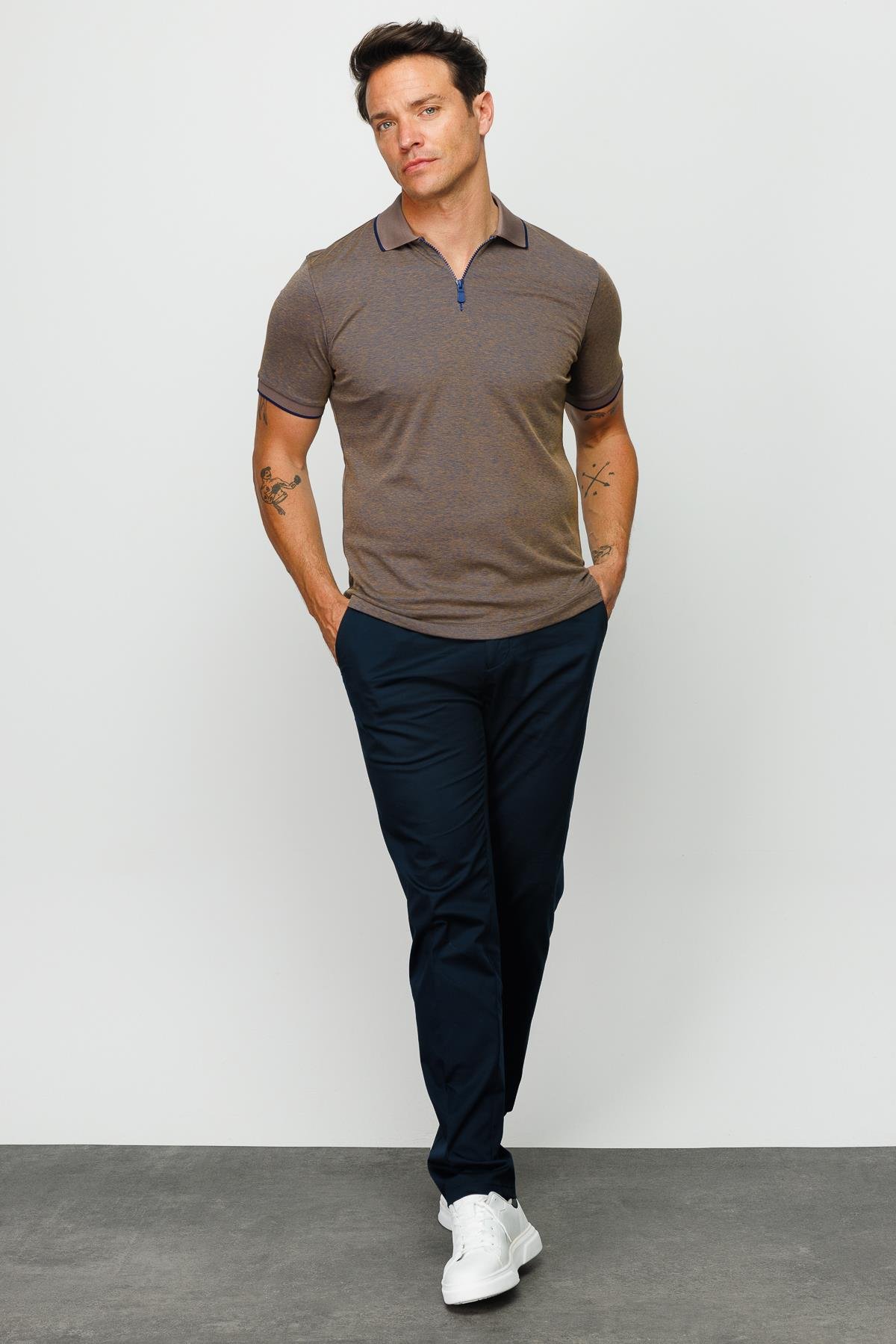 210Erkek Fermuarlı Polo Yaka T-shirt S.Kahve