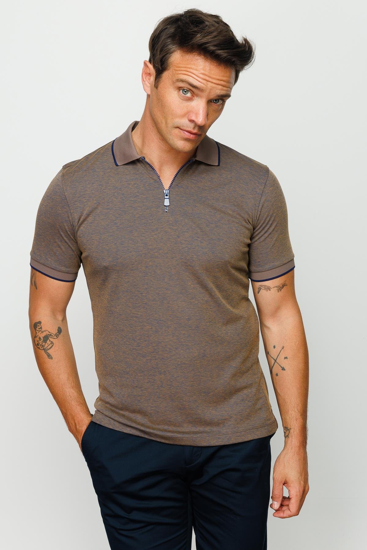 210Erkek Fermuarlı Polo Yaka T-shirt S.Kahve
