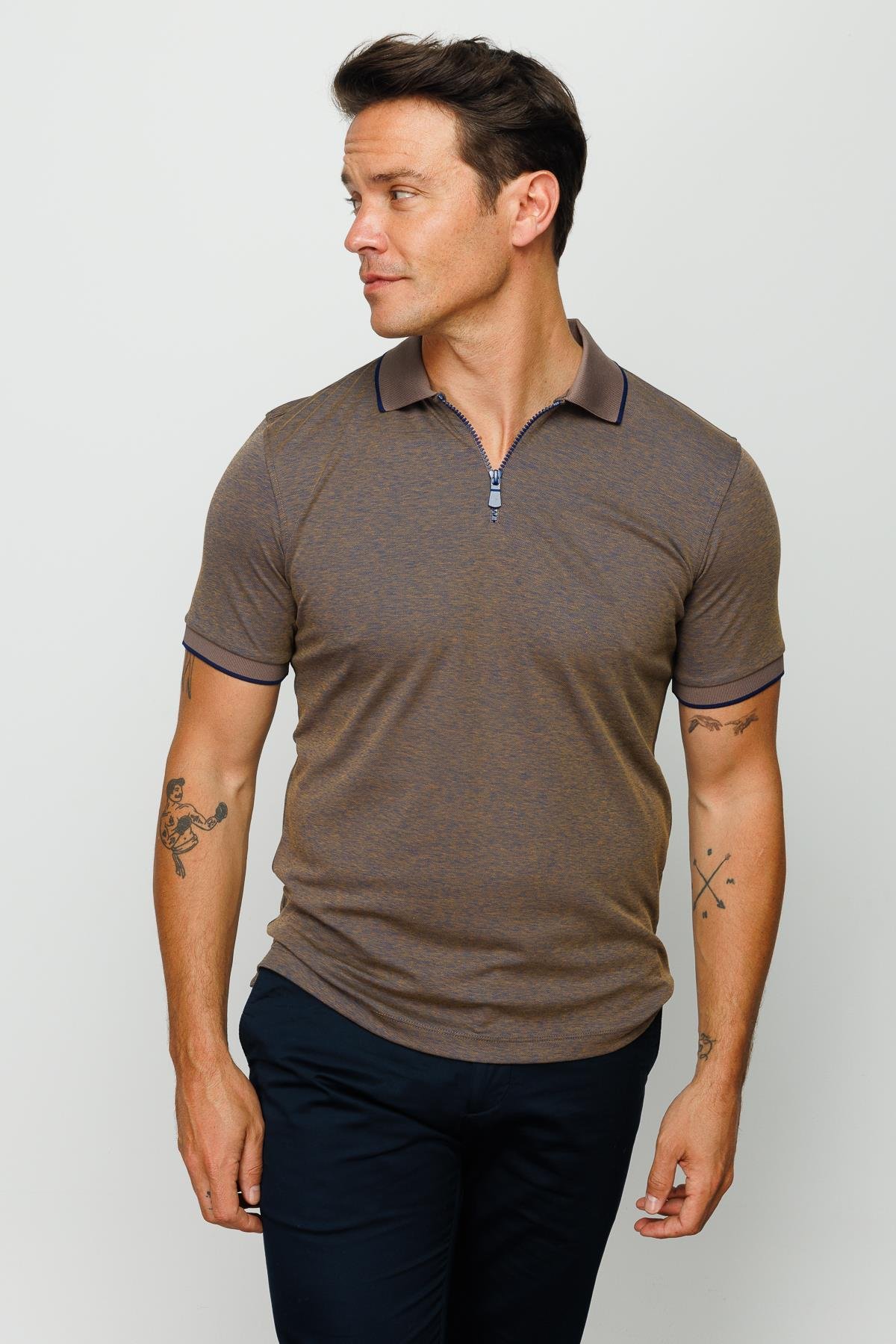 210Erkek Fermuarlı Polo Yaka T-shirt S.Kahve