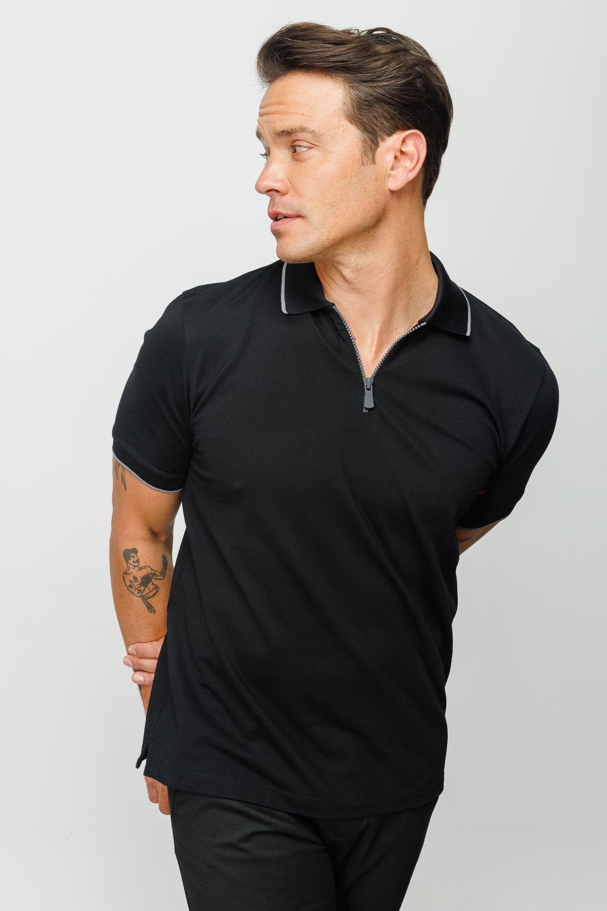 210Erkek Fermuarlı Polo Yaka T-shirt Siyah