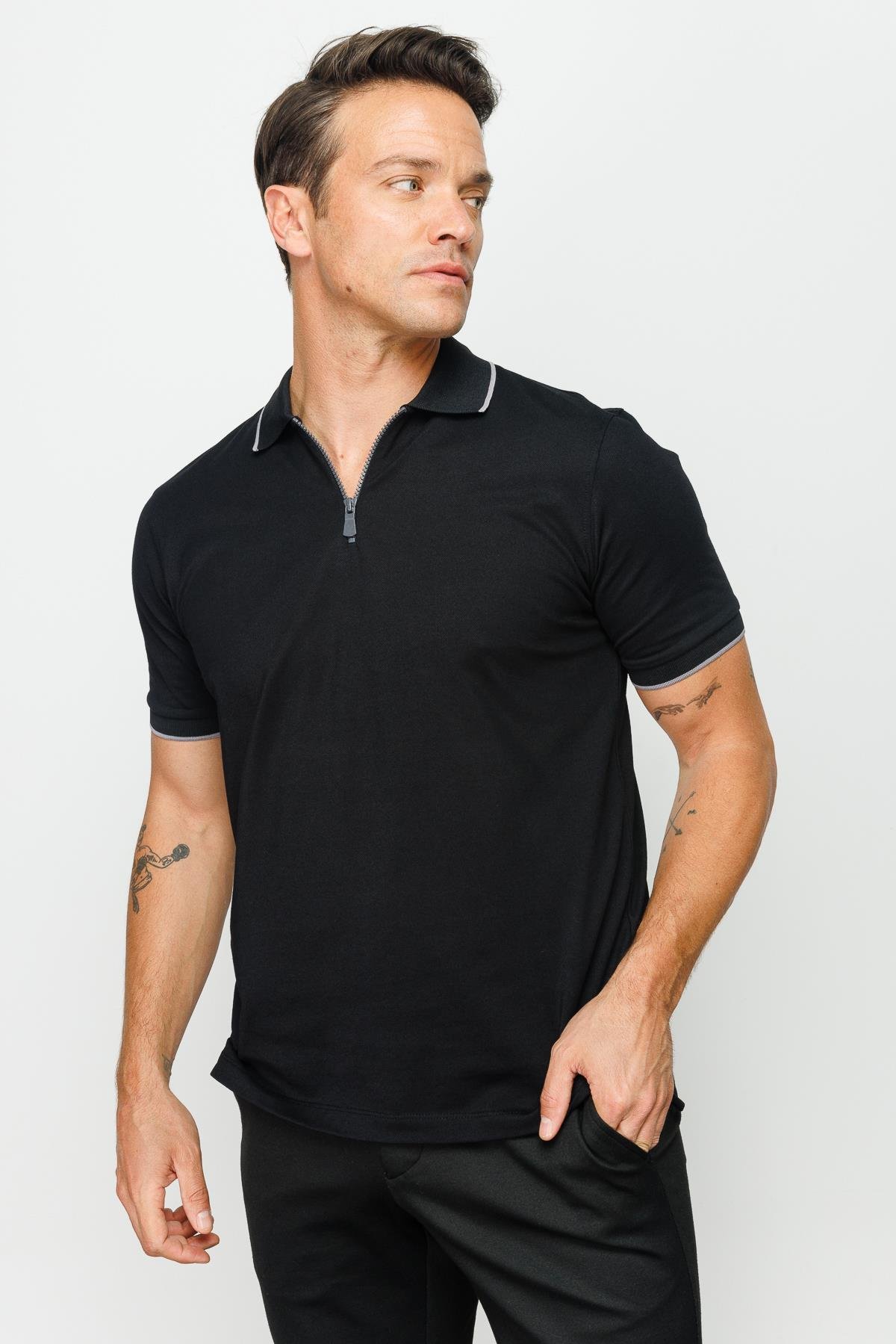 210Erkek Fermuarlı Polo Yaka T-shirt Siyah