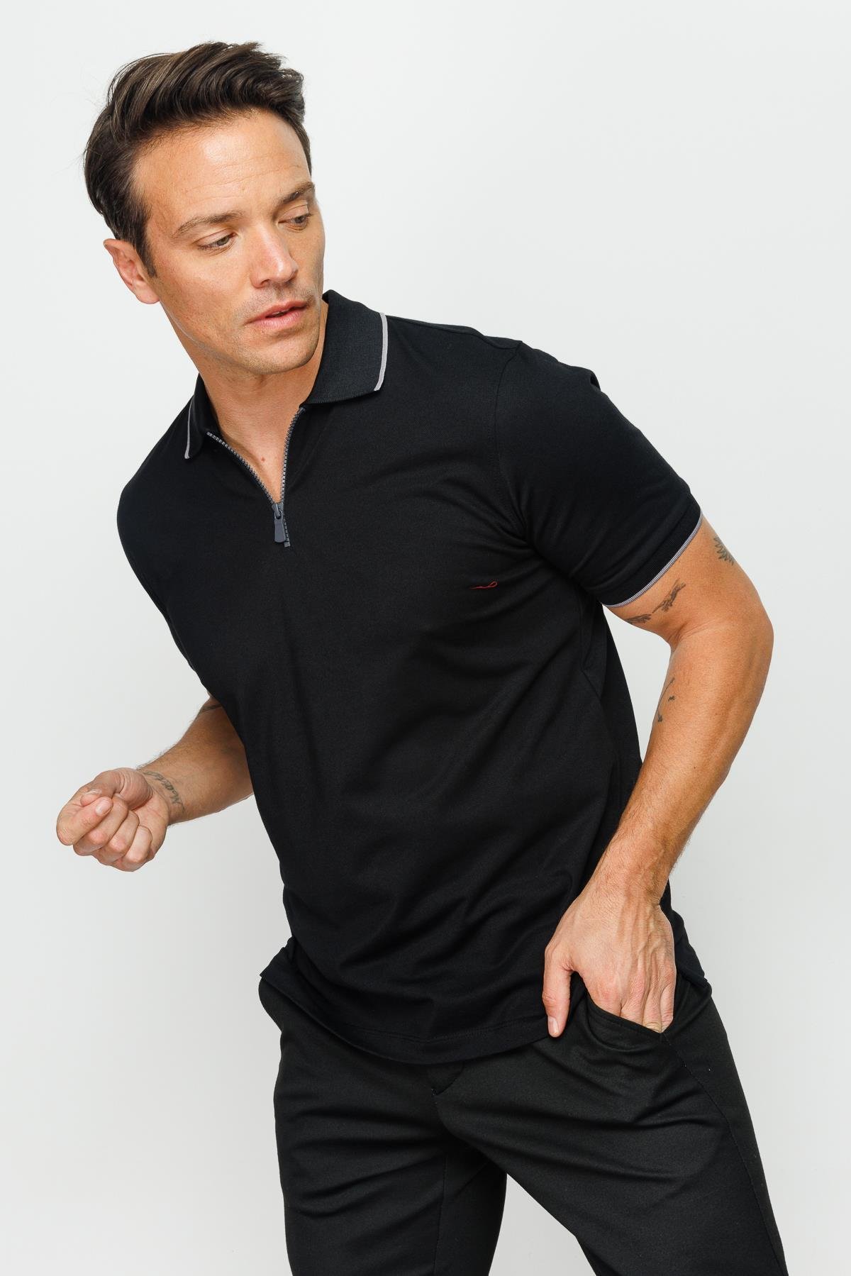210Erkek Fermuarlı Polo Yaka T-shirt Siyah