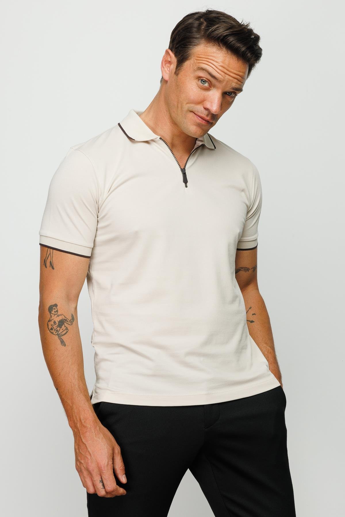 210Erkek Fermuarlı Polo Yaka T-shirt Taş
