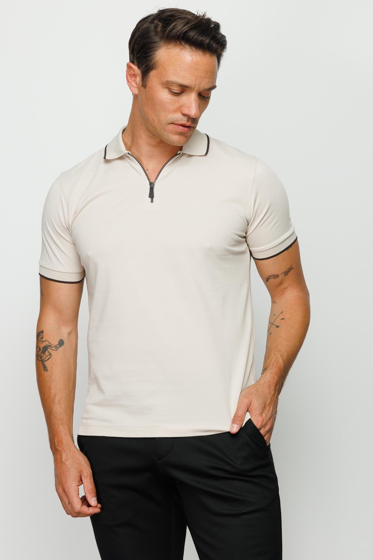 210Erkek Fermuarlı Polo Yaka T-shirt Taş