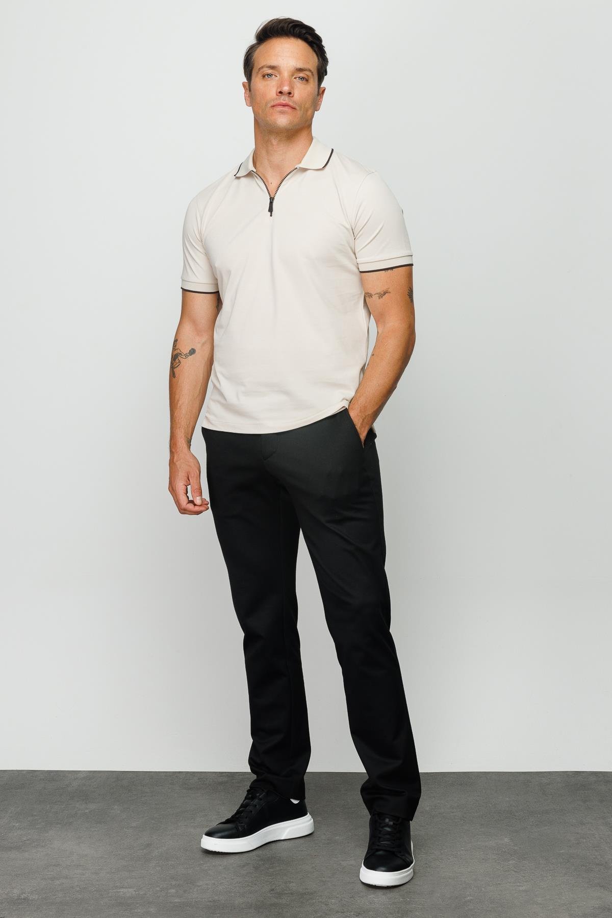 210Erkek Fermuarlı Polo Yaka T-shirt Taş