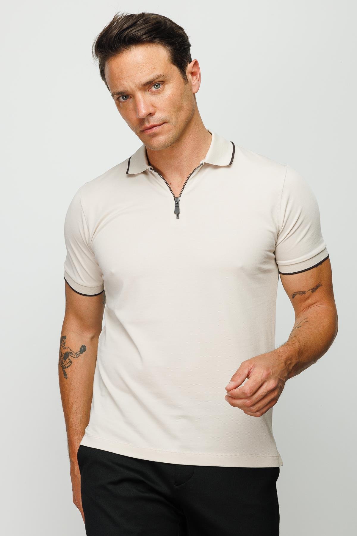 210Erkek Fermuarlı Polo Yaka T-shirt Taş