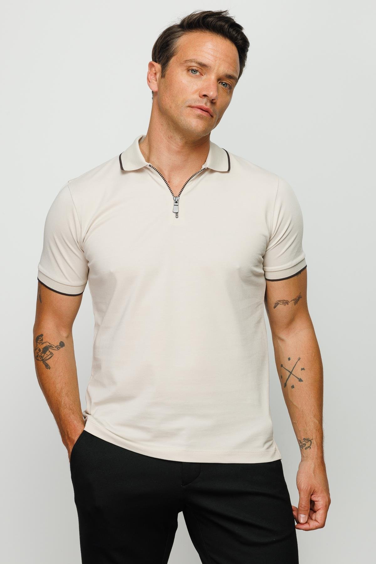210Erkek Fermuarlı Polo Yaka T-shirt Taş