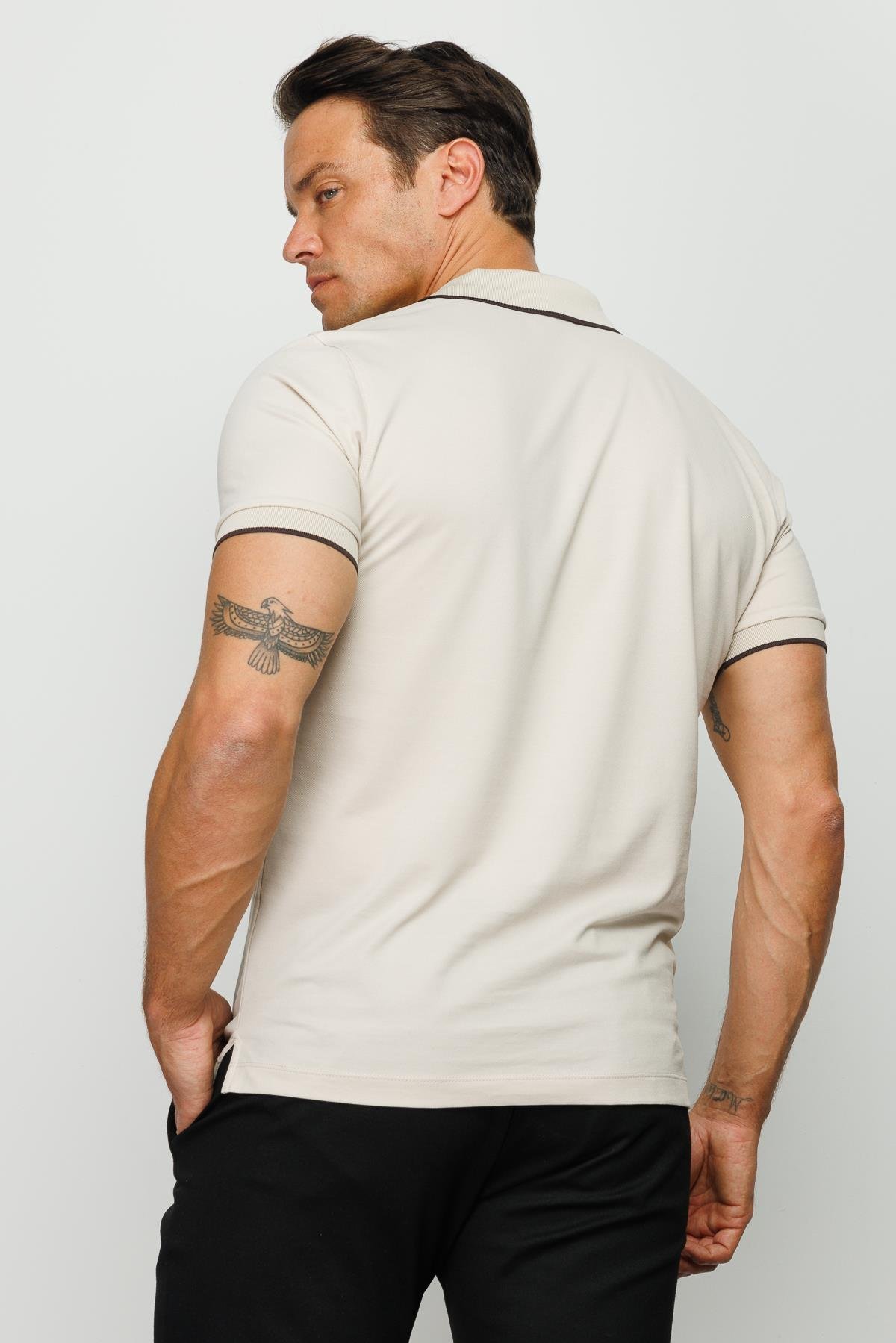 210Erkek Fermuarlı Polo Yaka T-shirt Taş