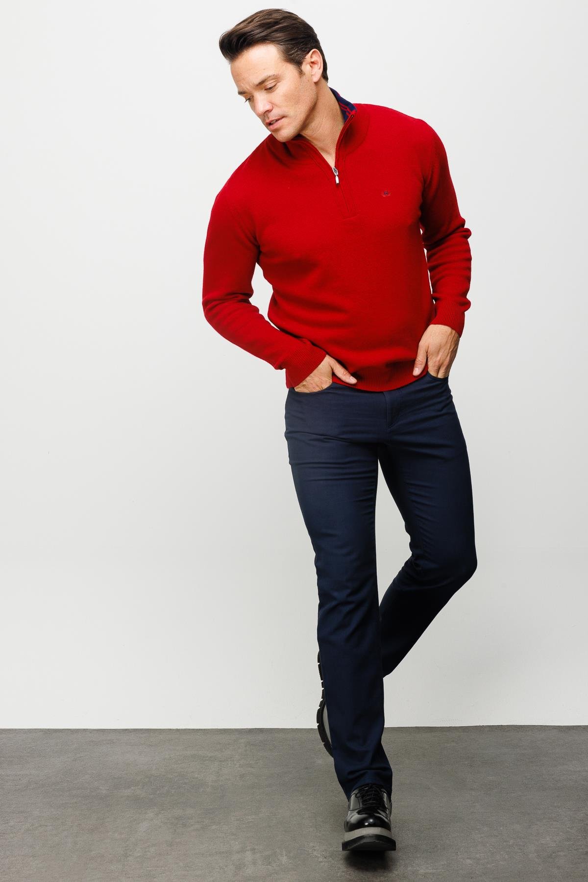 22570Мужской классический шерстяной свитер с воротником на молнии красный