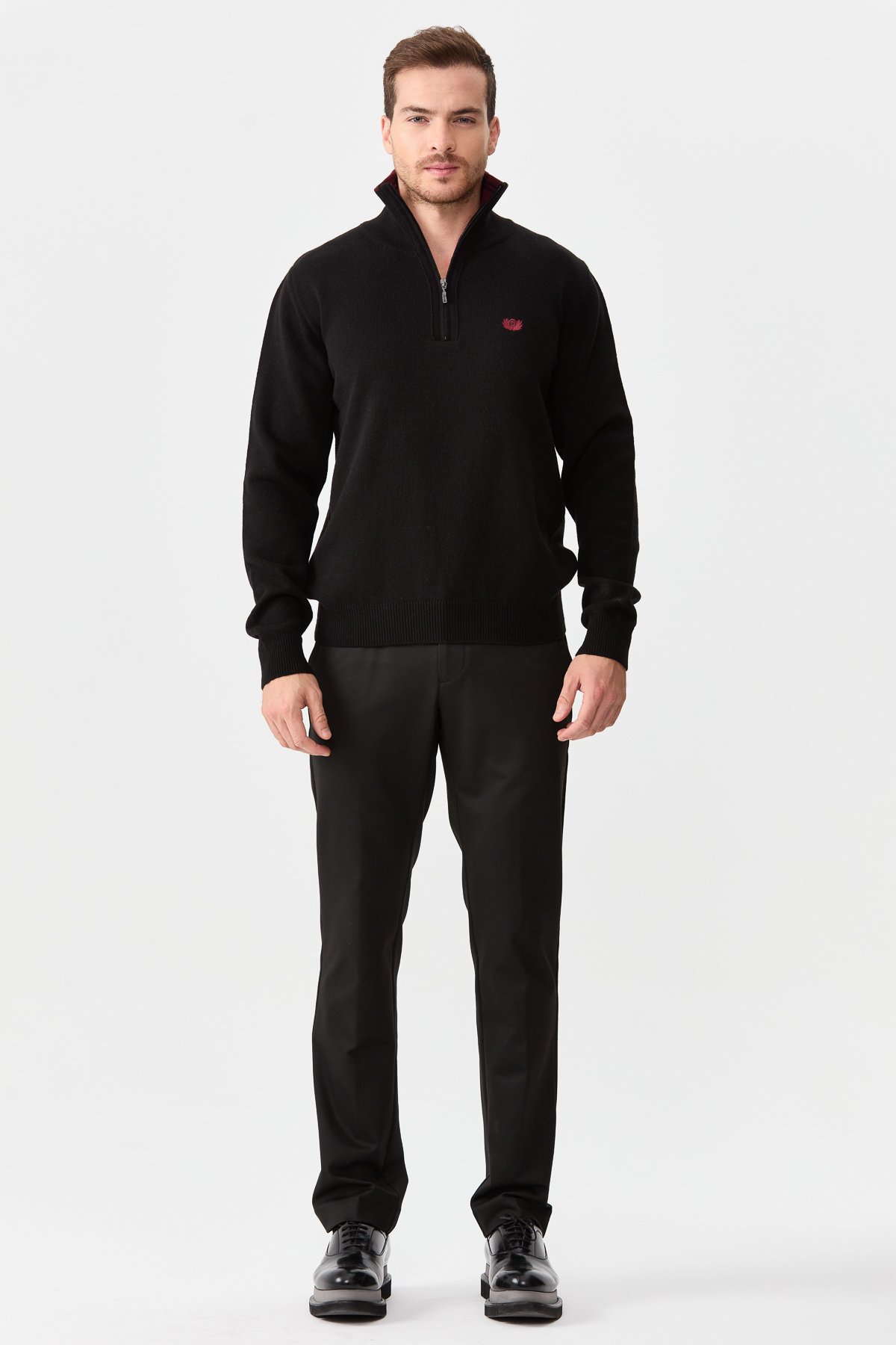 22570Erkek Fermuarlı Yaka Klasik Yün Kazak Siyah