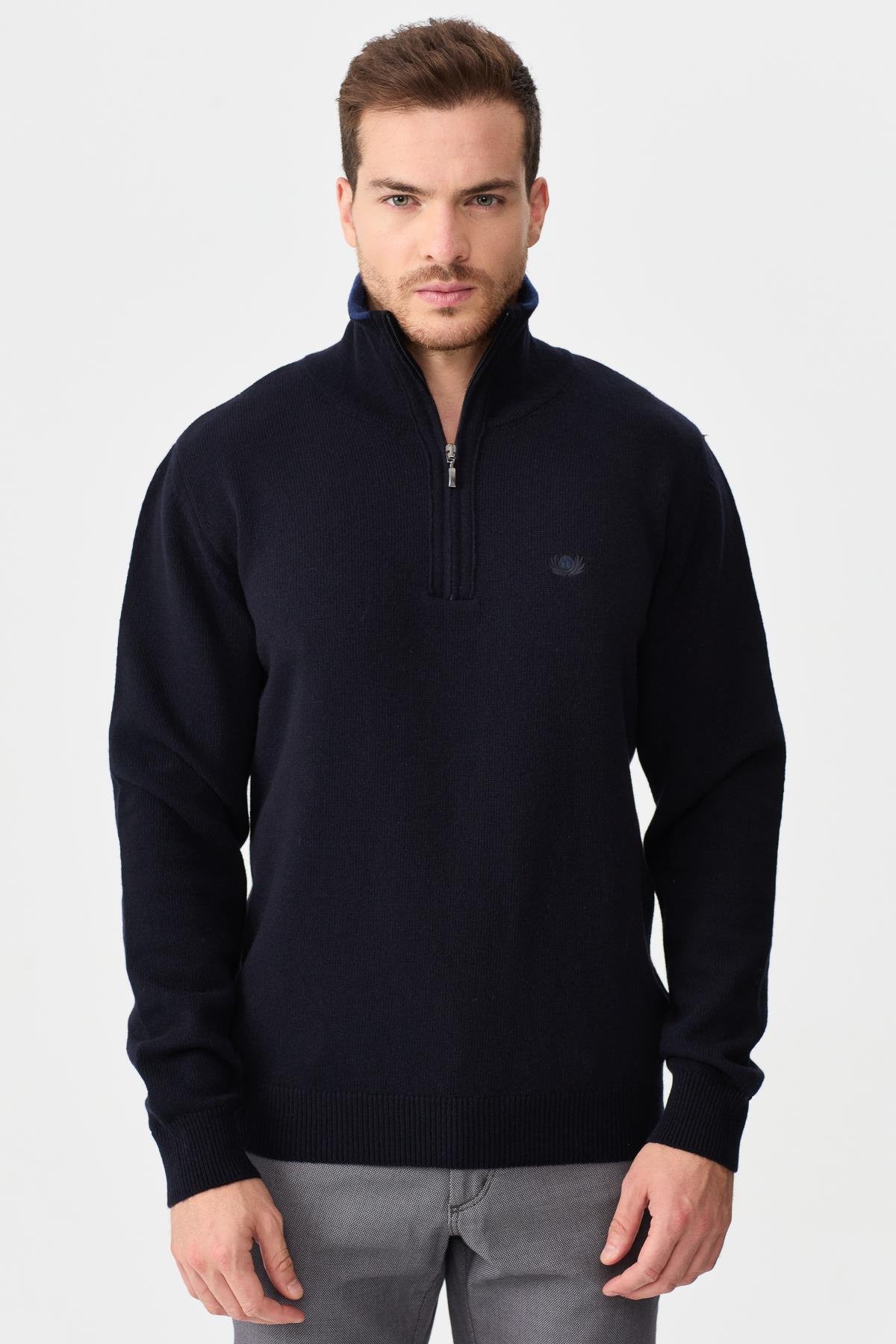 22570Erkek Fermuarlı Yaka Klasik Yün Kazak Y.A Lacivert