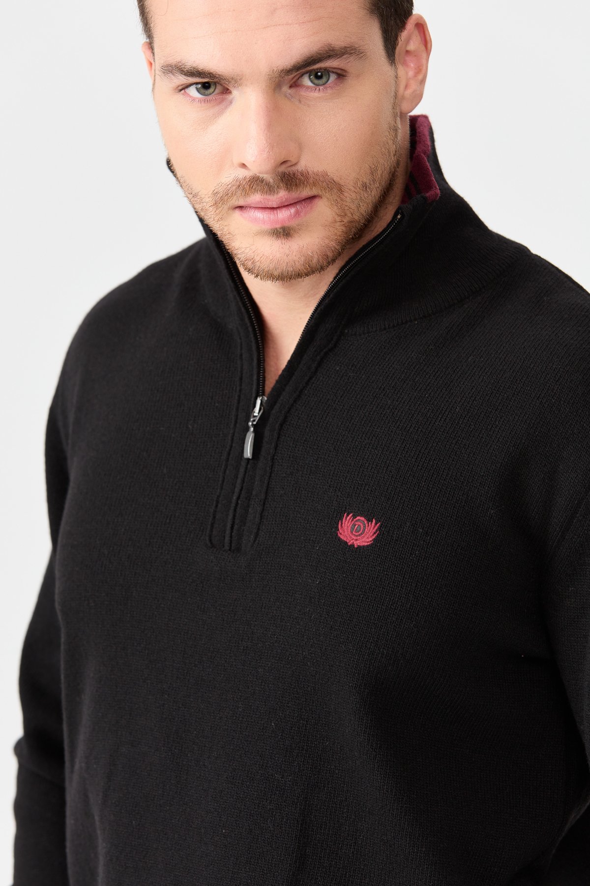 22570Erkek Fermuarlı Yaka Klasik Yün Kazak Siyah