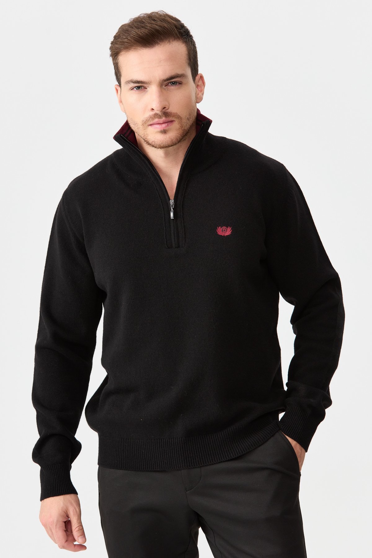 22570Erkek Fermuarlı Yaka Klasik Yün Kazak Siyah