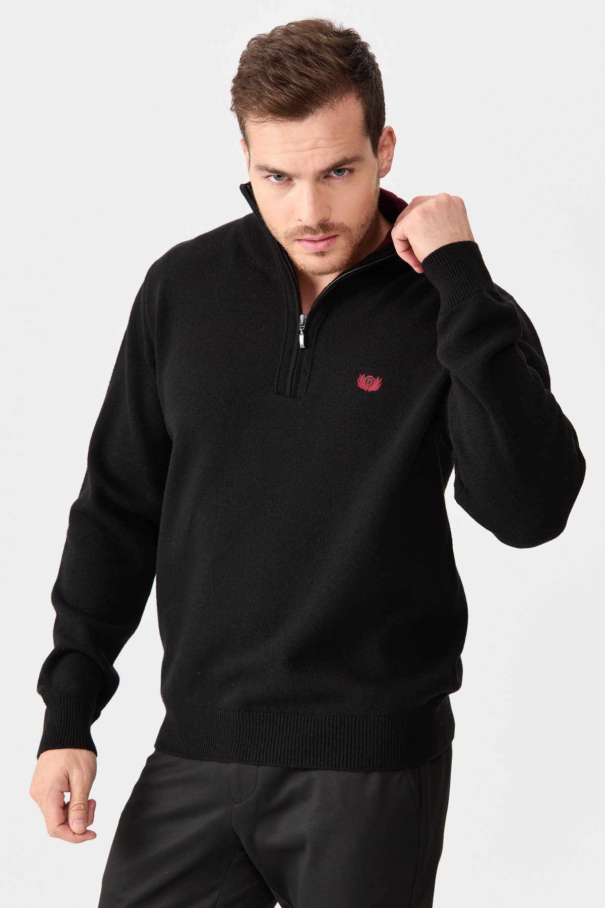 22570Erkek Fermuarlı Yaka Klasik Yün Kazak Siyah