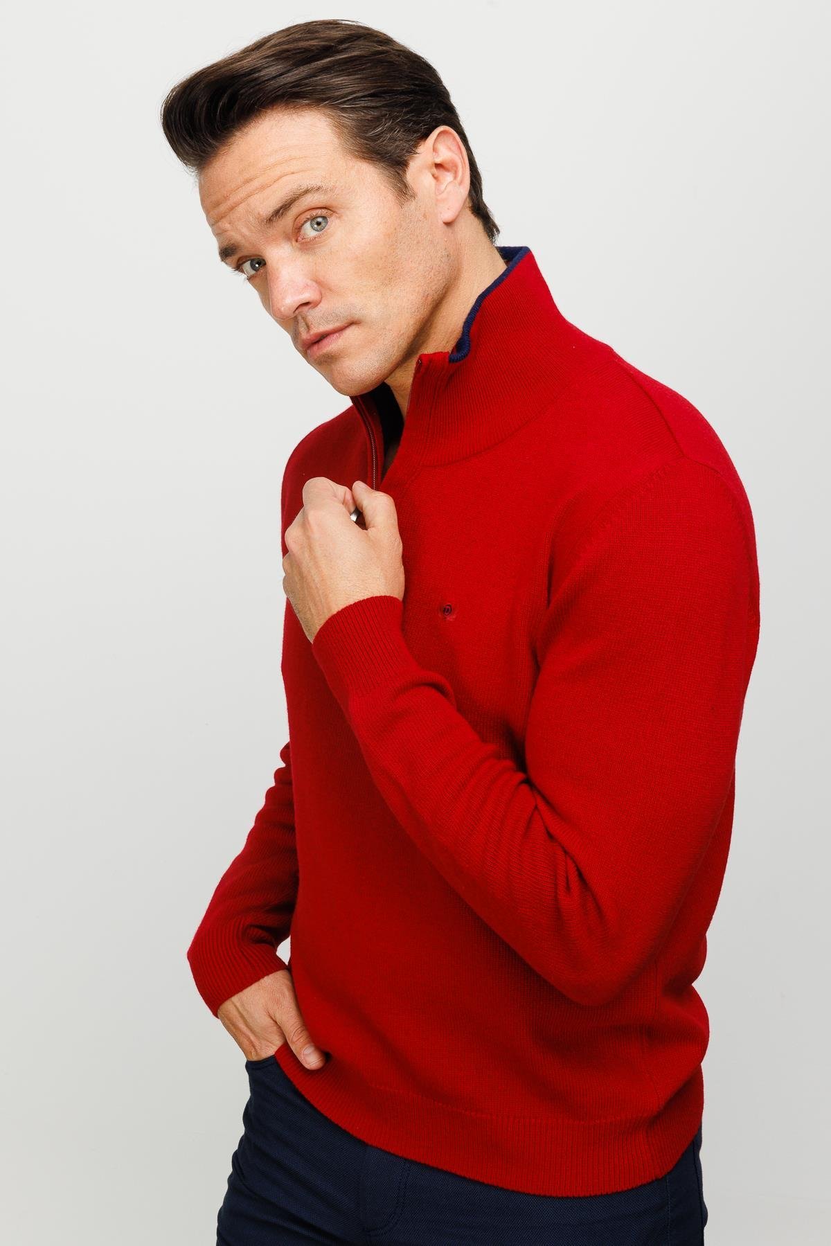22570Мужской классический шерстяной свитер с воротником на молнии красный
