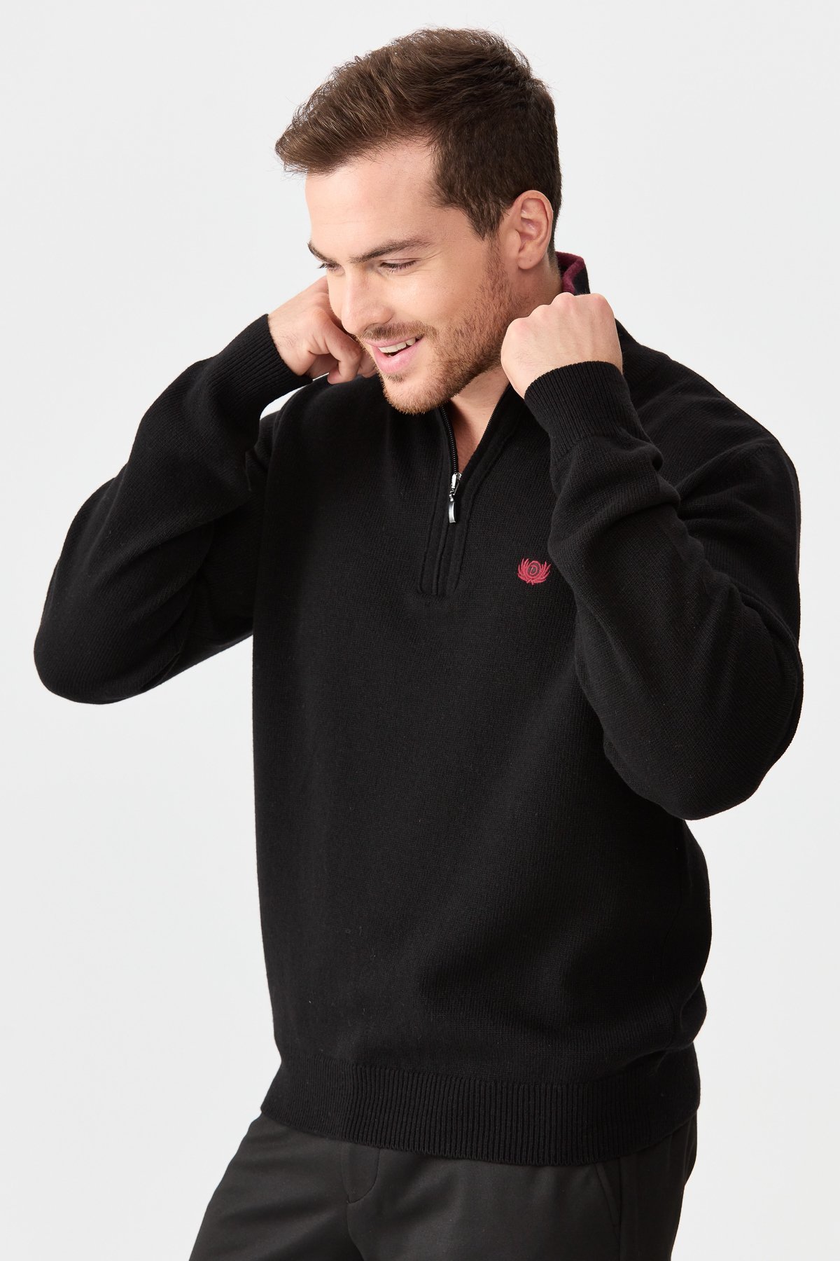 22570Erkek Fermuarlı Yaka Klasik Yün Kazak Siyah