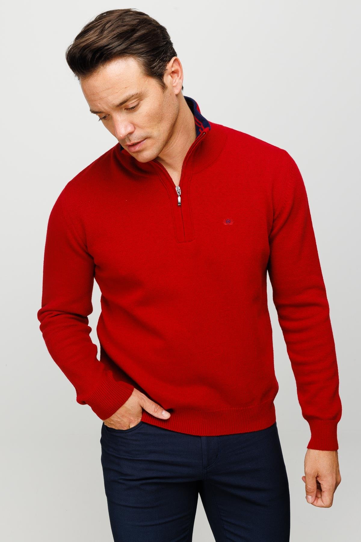 22570Мужской классический шерстяной свитер с воротником на молнии красный