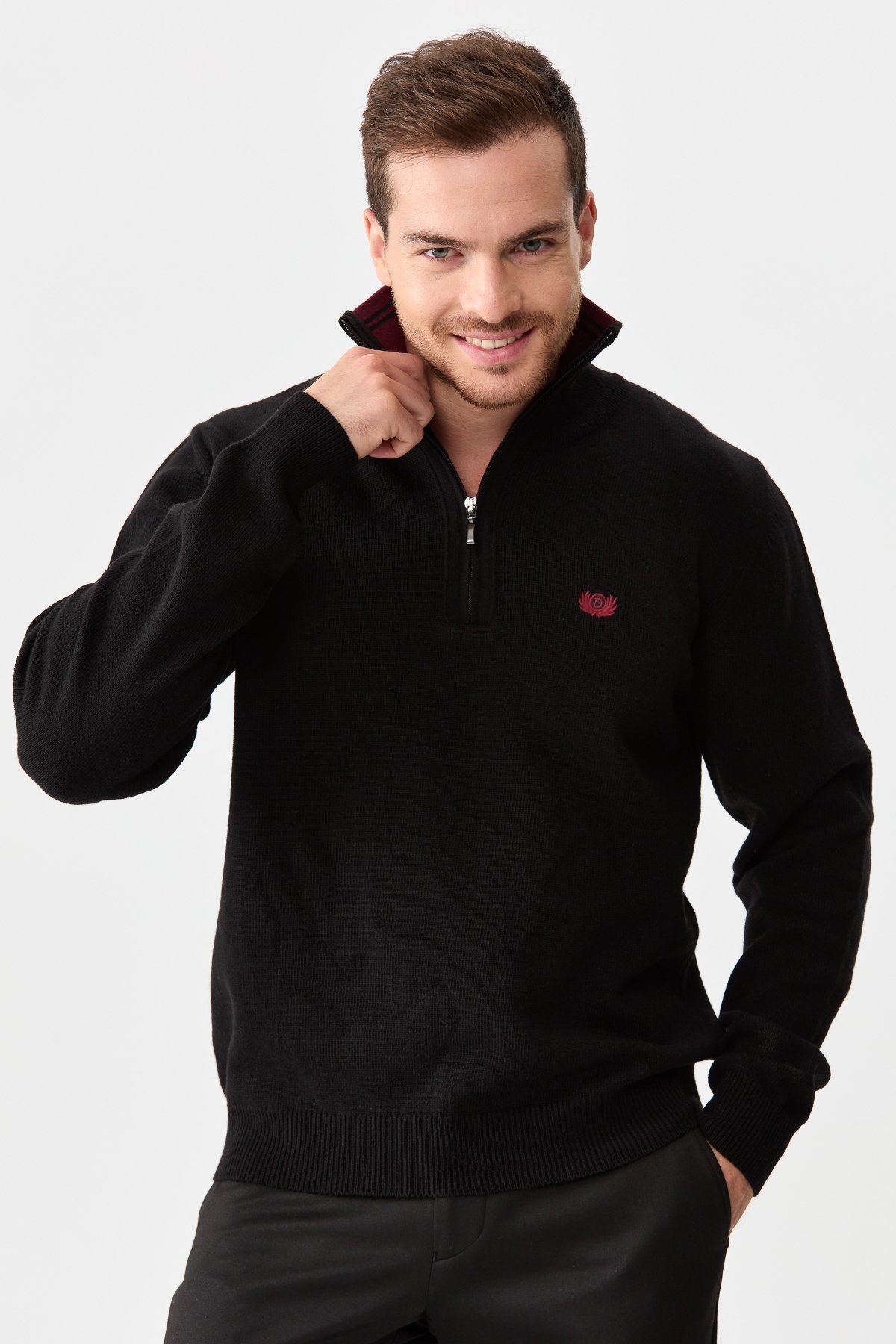 22570Erkek Fermuarlı Yaka Klasik Yün Kazak Siyah