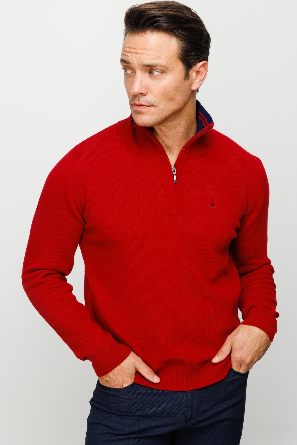 22570Мужской классический шерстяной свитер с воротником на молнии красный