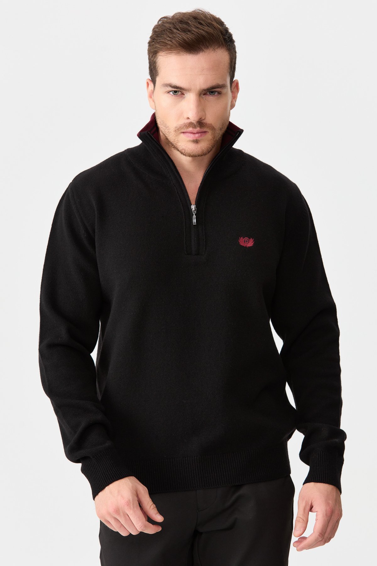 22570Erkek Fermuarlı Yaka Klasik Yün Kazak Siyah