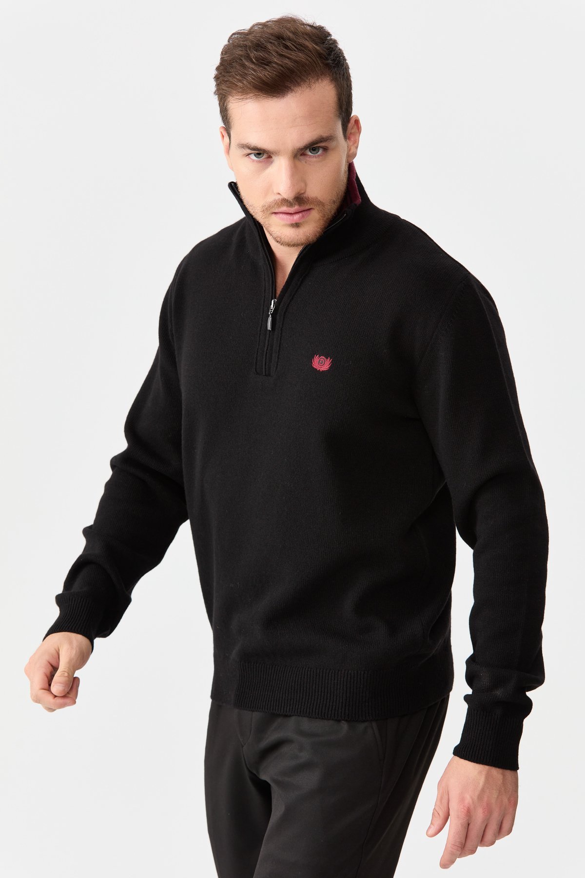 22570Erkek Fermuarlı Yaka Klasik Yün Kazak Siyah