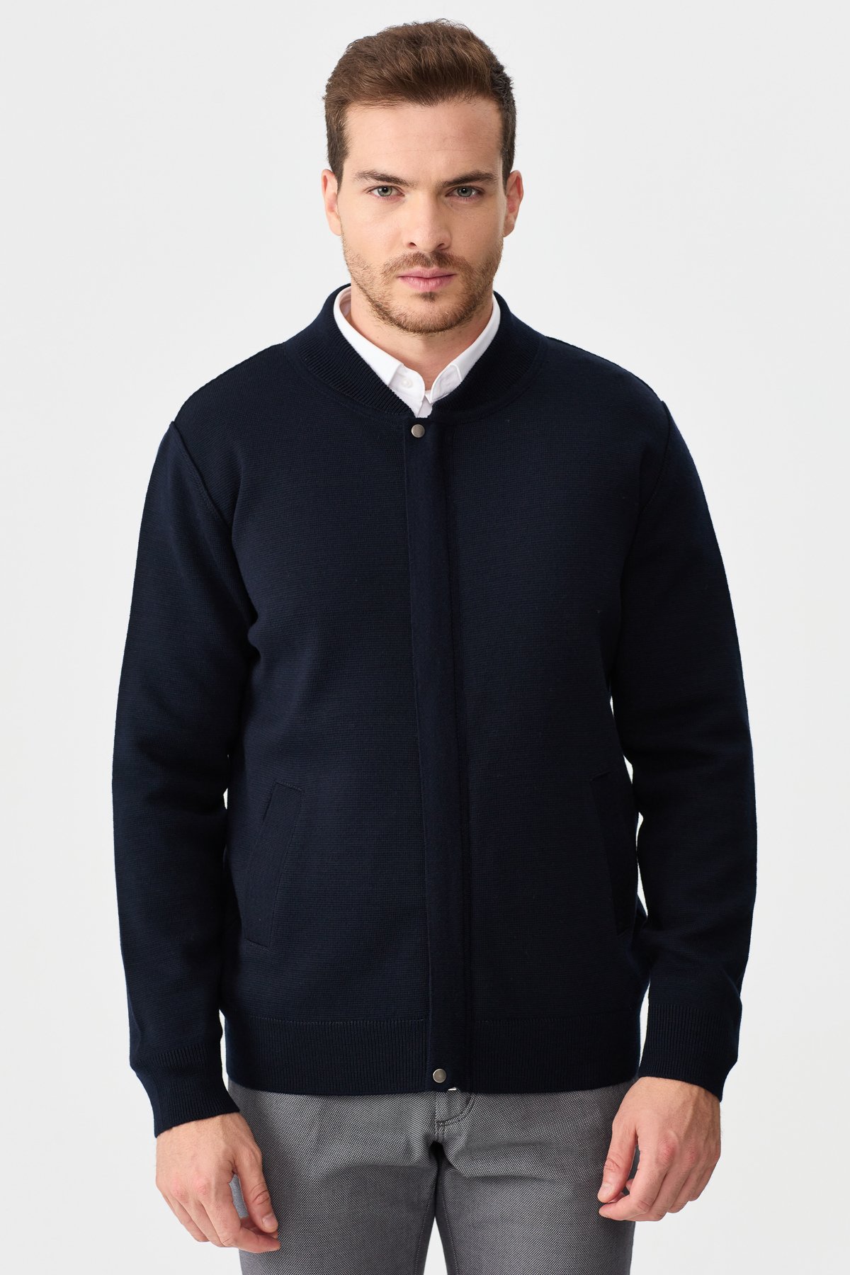 22530Erkek Hakim Yaka Çelik Örgü Triko Ceket K.Lacivert