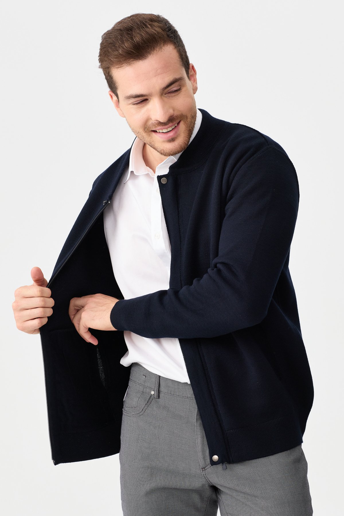 22530Erkek Hakim Yaka Çelik Örgü Triko Ceket K.Lacivert