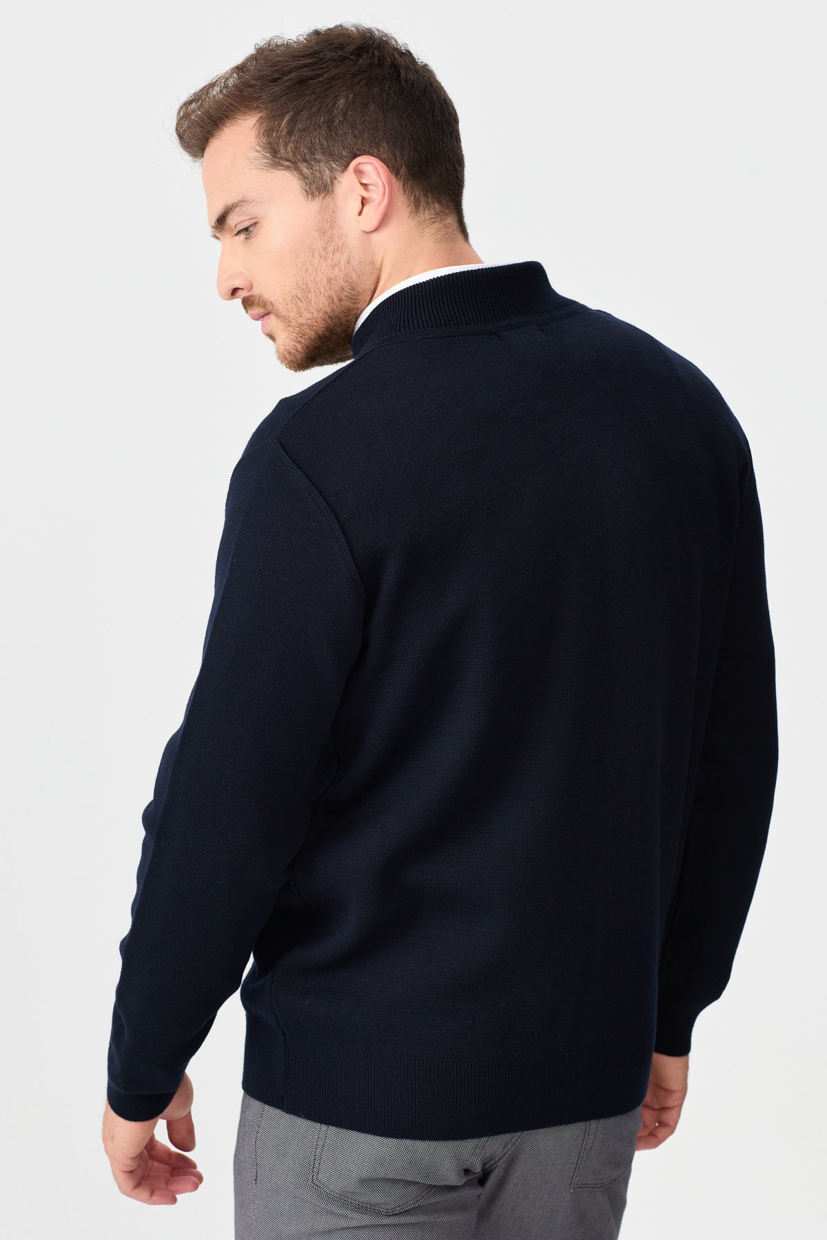 22530Erkek Hakim Yaka Çelik Örgü Triko Ceket K.Lacivert