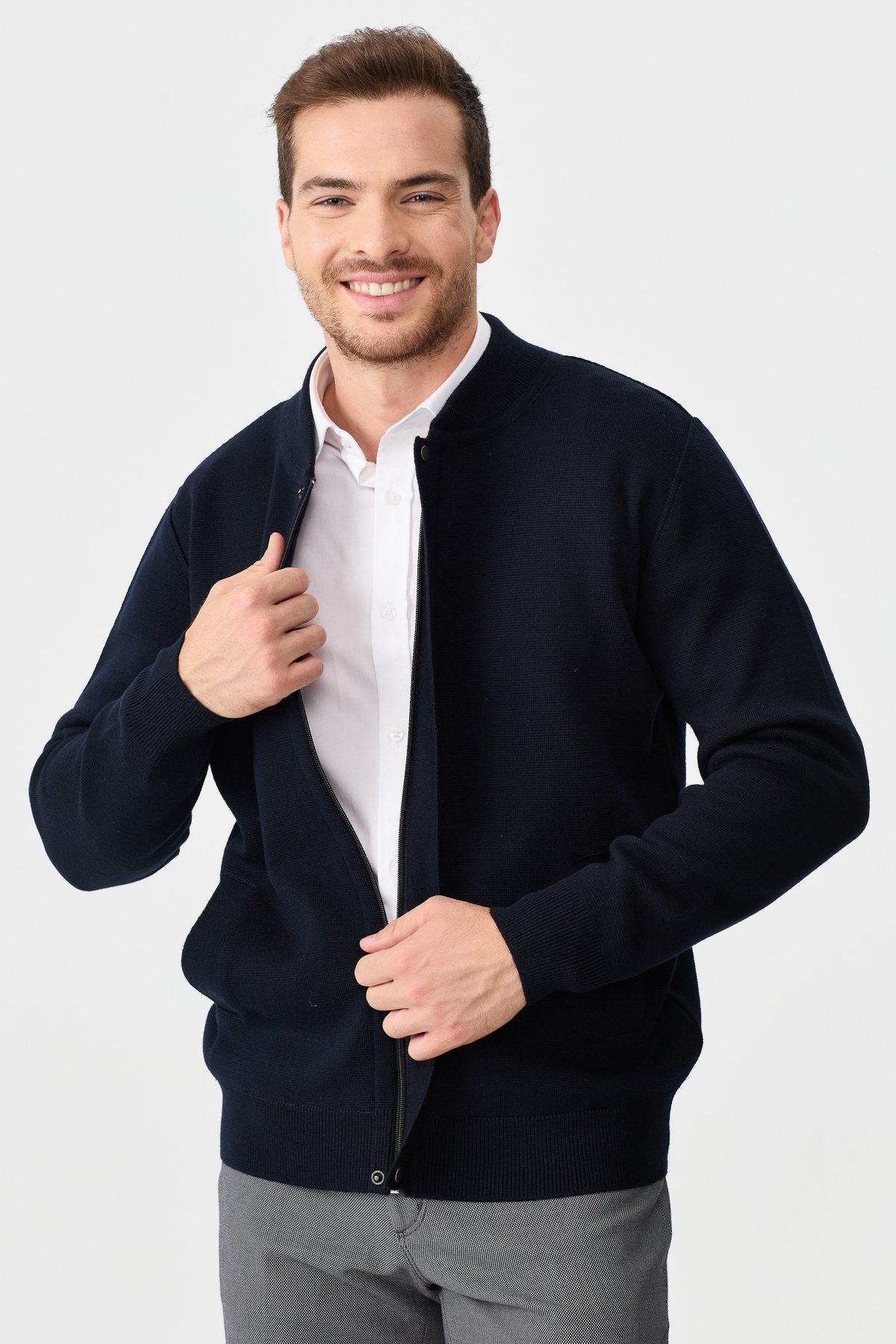 22530Erkek Hakim Yaka Çelik Örgü Triko Ceket K.Lacivert