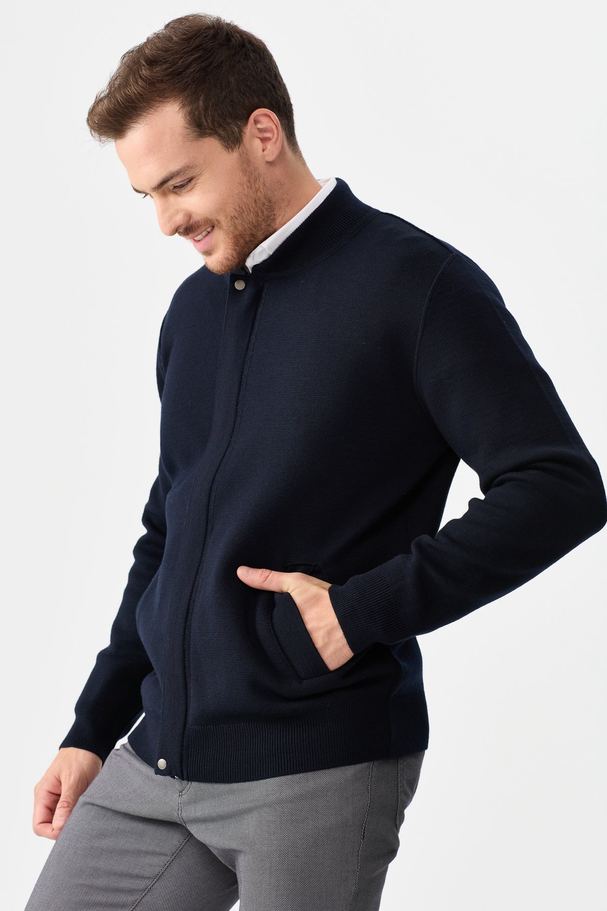 22530Erkek Hakim Yaka Çelik Örgü Triko Ceket K.Lacivert