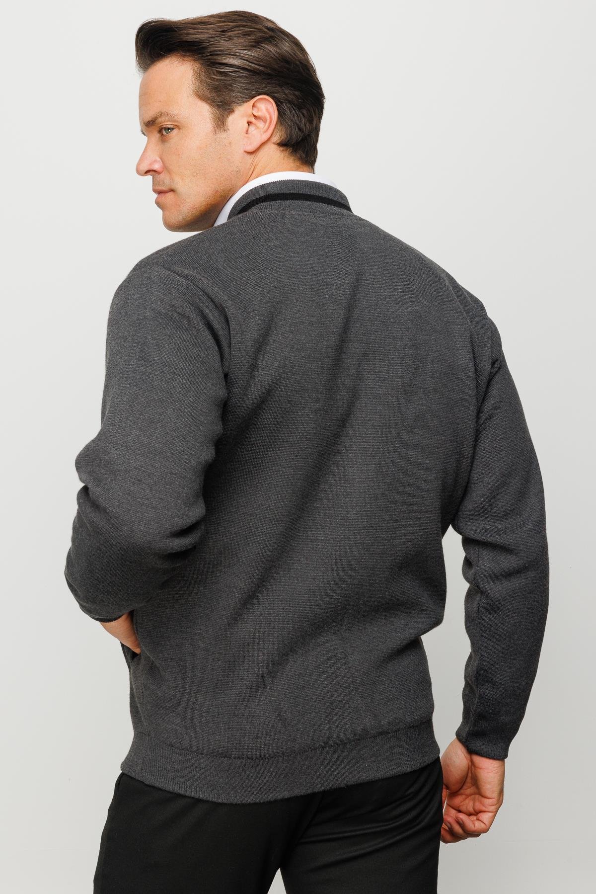 23557Erkek Hakim Yaka Çelik Örgü Yün Triko Mont Gri