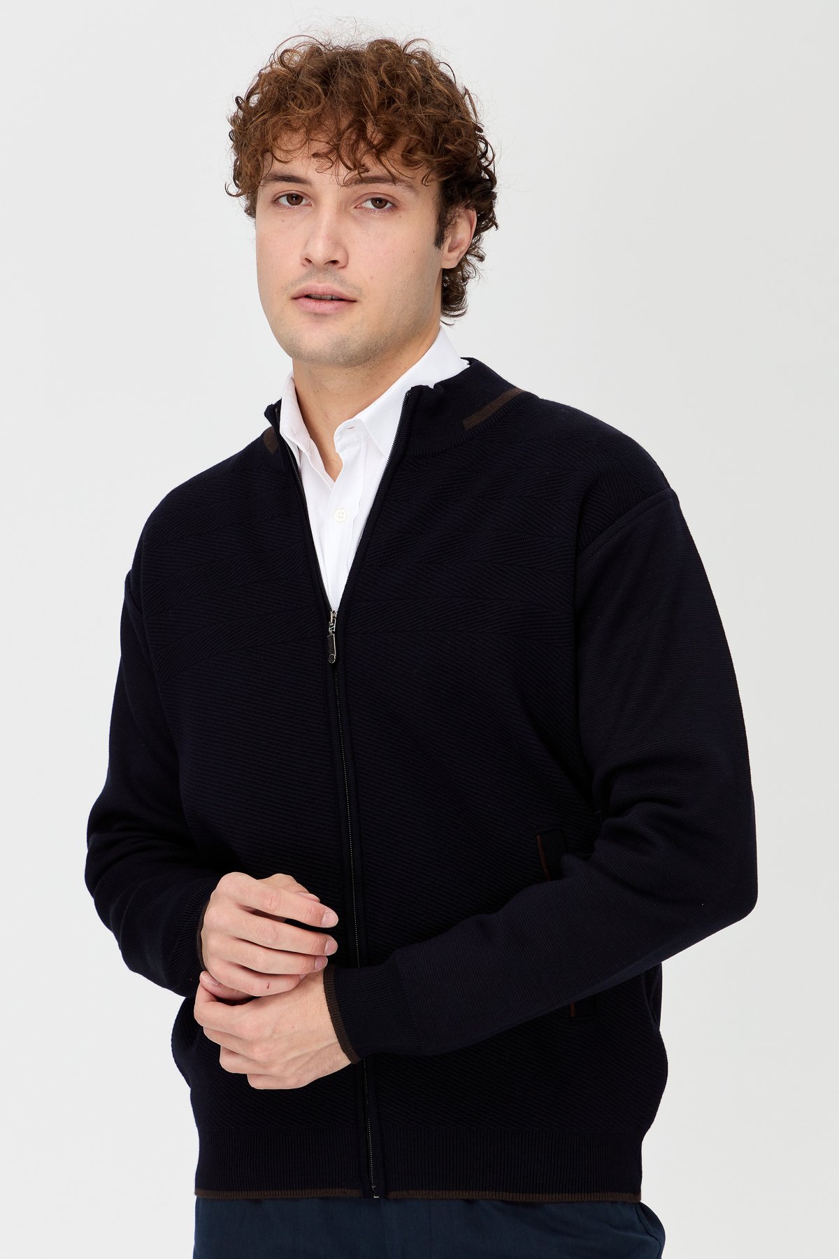 23558Erkek Hakim Yaka Çelik Örgü Yün Triko Mont Lacivert