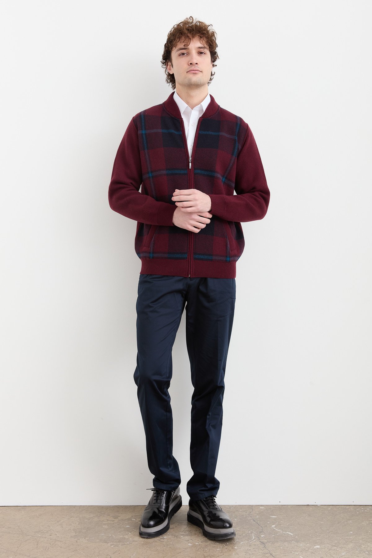 22552Erkek Hakim Yaka Kareli Pike Dokuma Mont Bordo