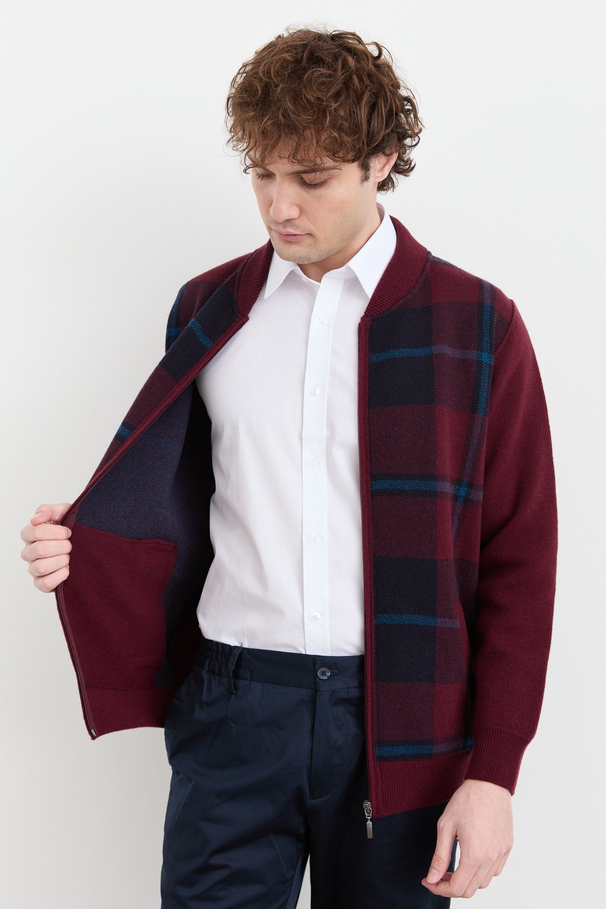 22552Erkek Hakim Yaka Kareli Pike Dokuma Mont Bordo