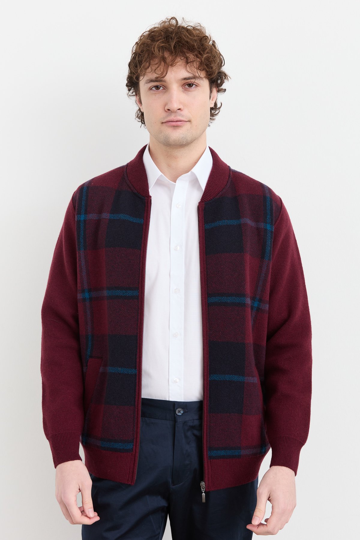 22552Erkek Hakim Yaka Kareli Pike Dokuma Mont Bordo