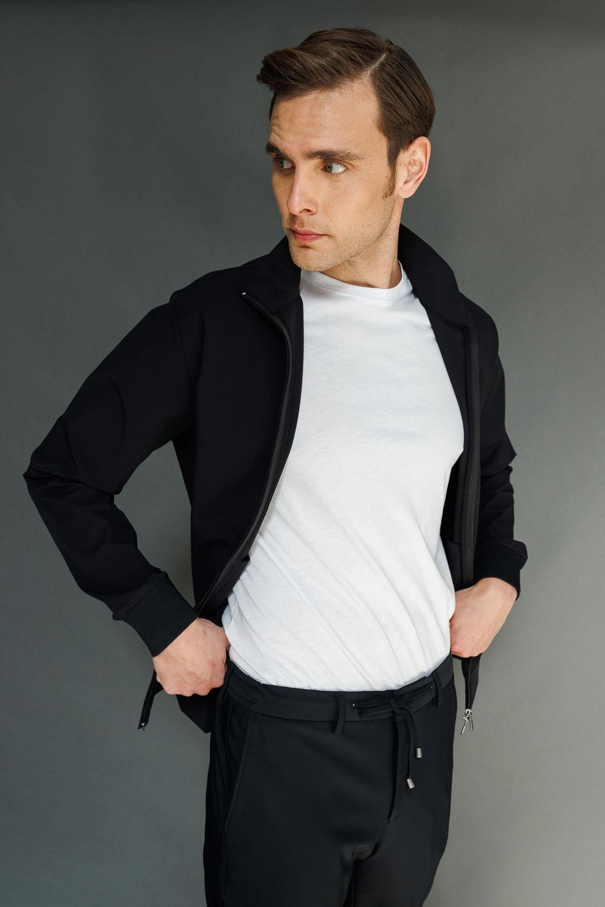 25441Erkek Hakim Yaka Yan Cepli Mont Siyah