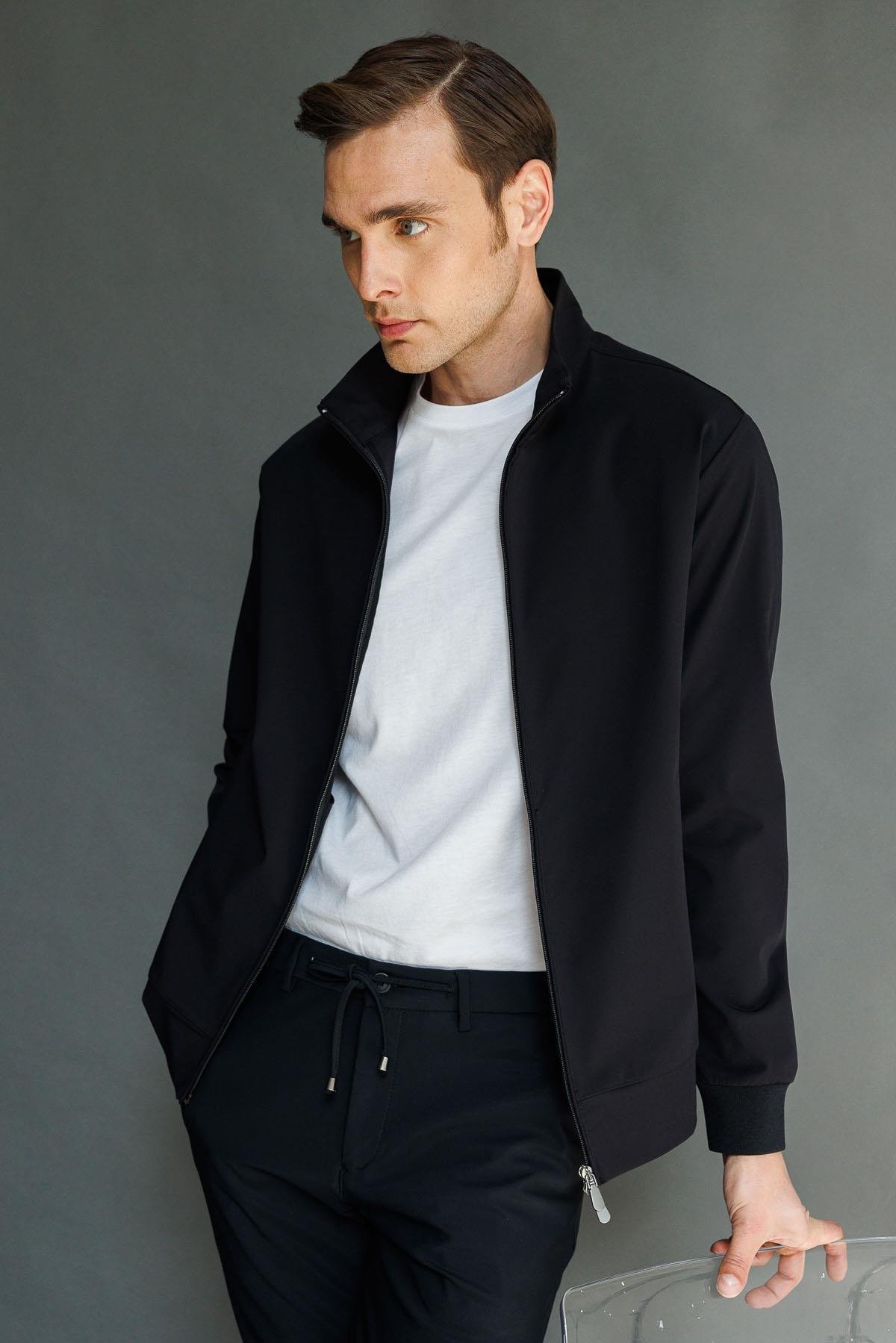 25441Erkek Hakim Yaka Yan Cepli Mont Siyah