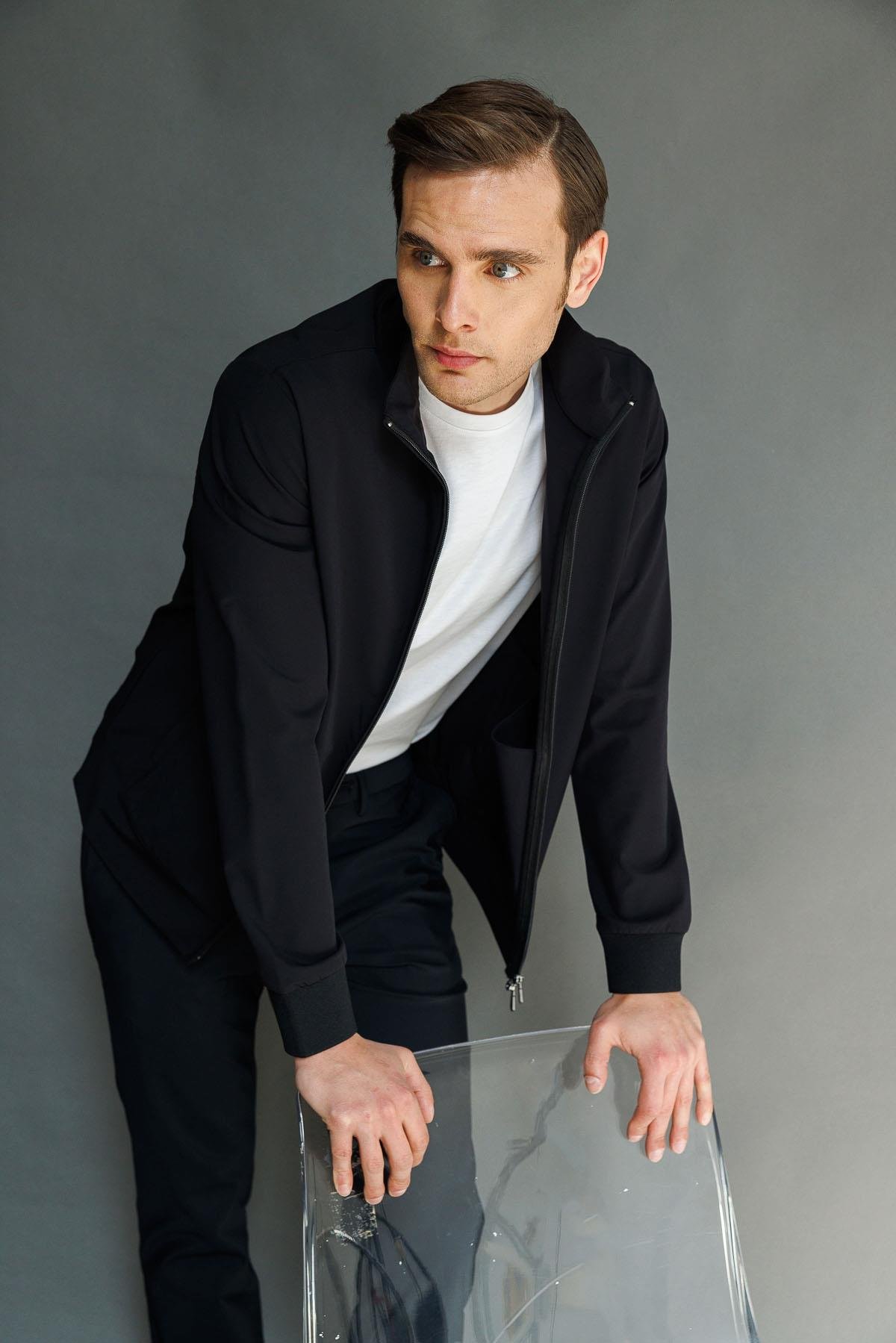 25441Erkek Hakim Yaka Yan Cepli Mont Siyah