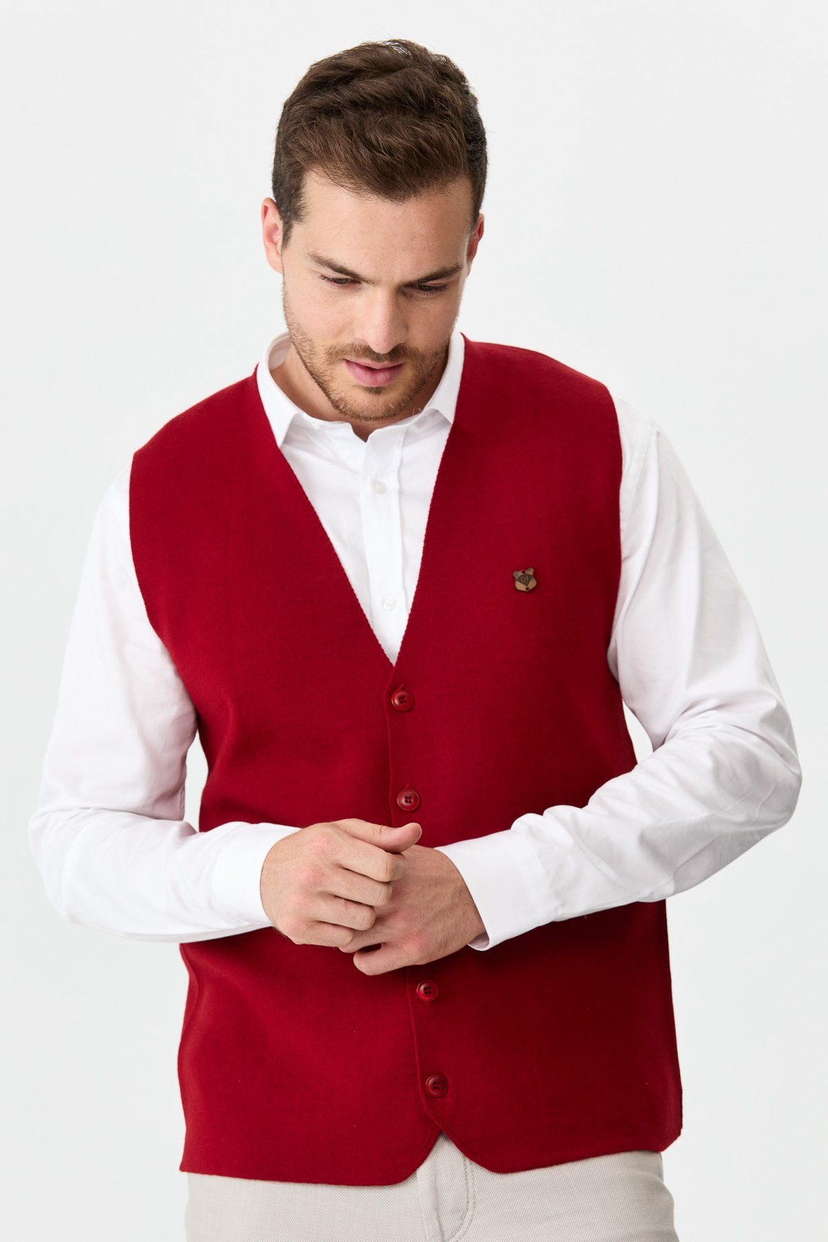 22511Erkek İnce Triko Düz Yelek Kırmızı