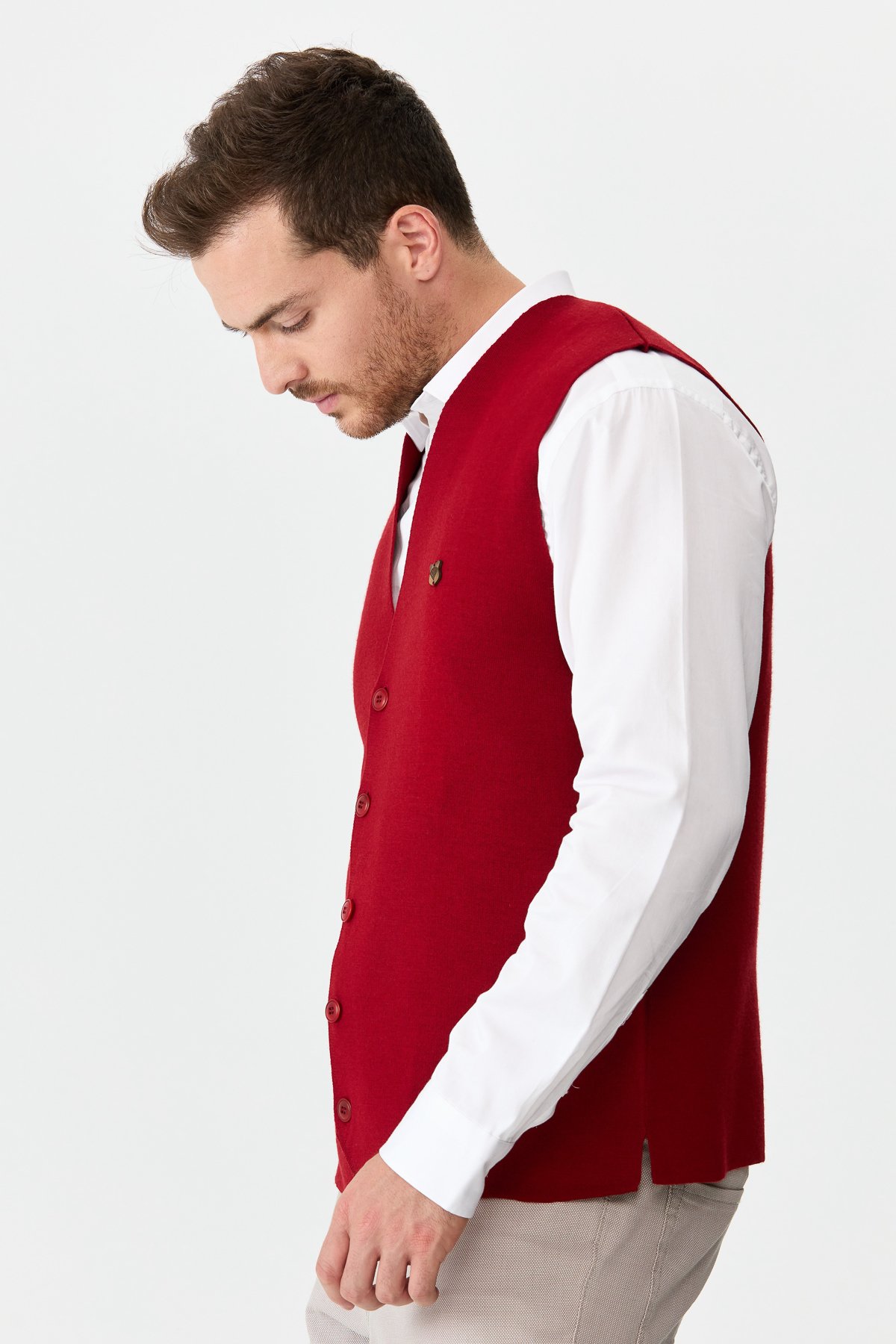 22511Erkek İnce Triko Düz Yelek Kırmızı