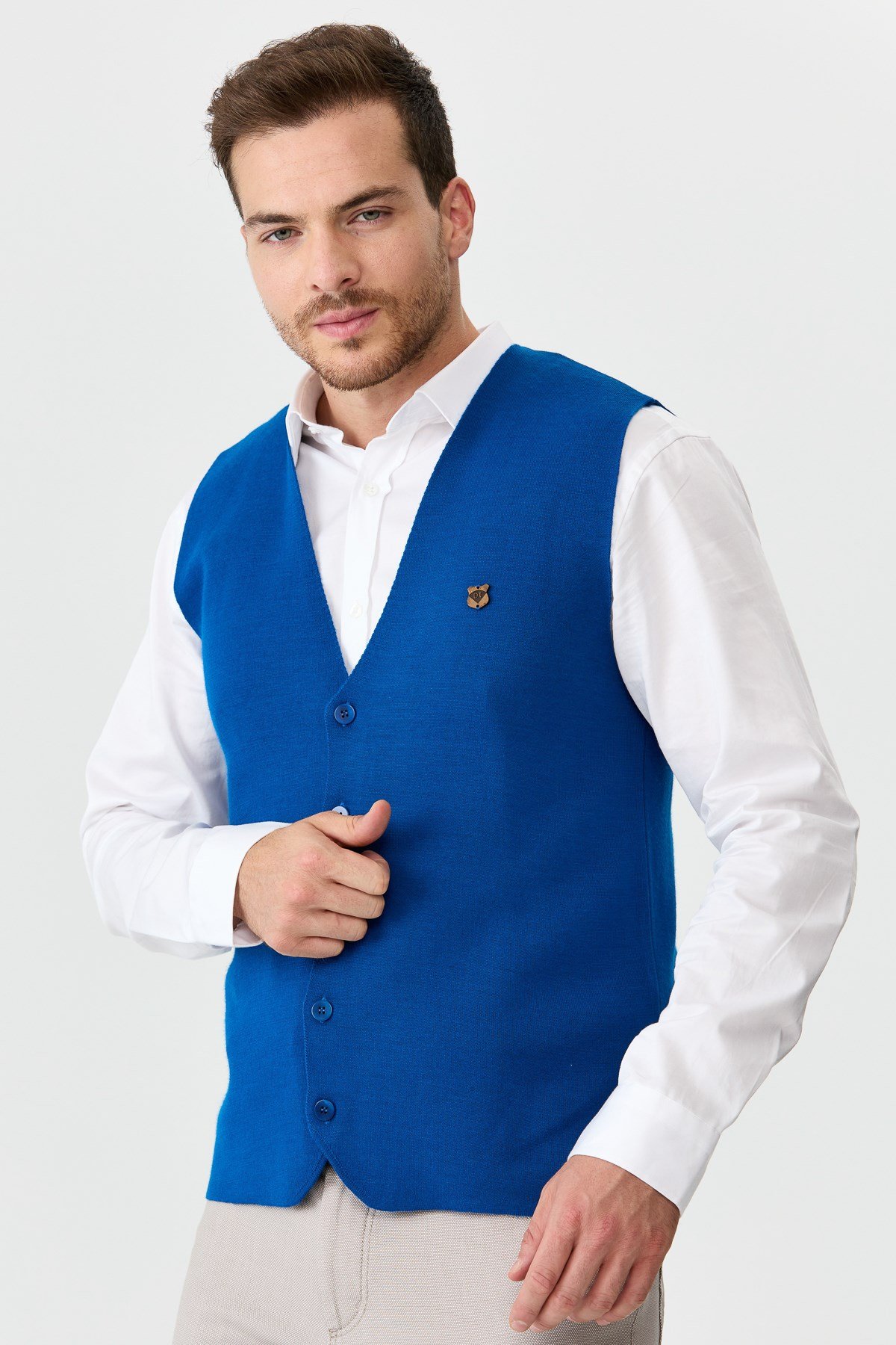 22511Erkek İnce Triko Düz Yelek Saks Mavi