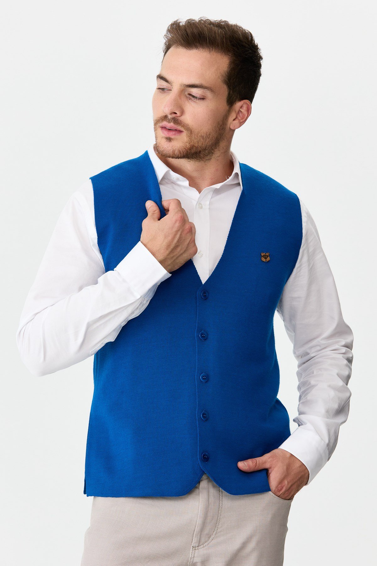 22511Erkek İnce Triko Düz Yelek Saks Mavi