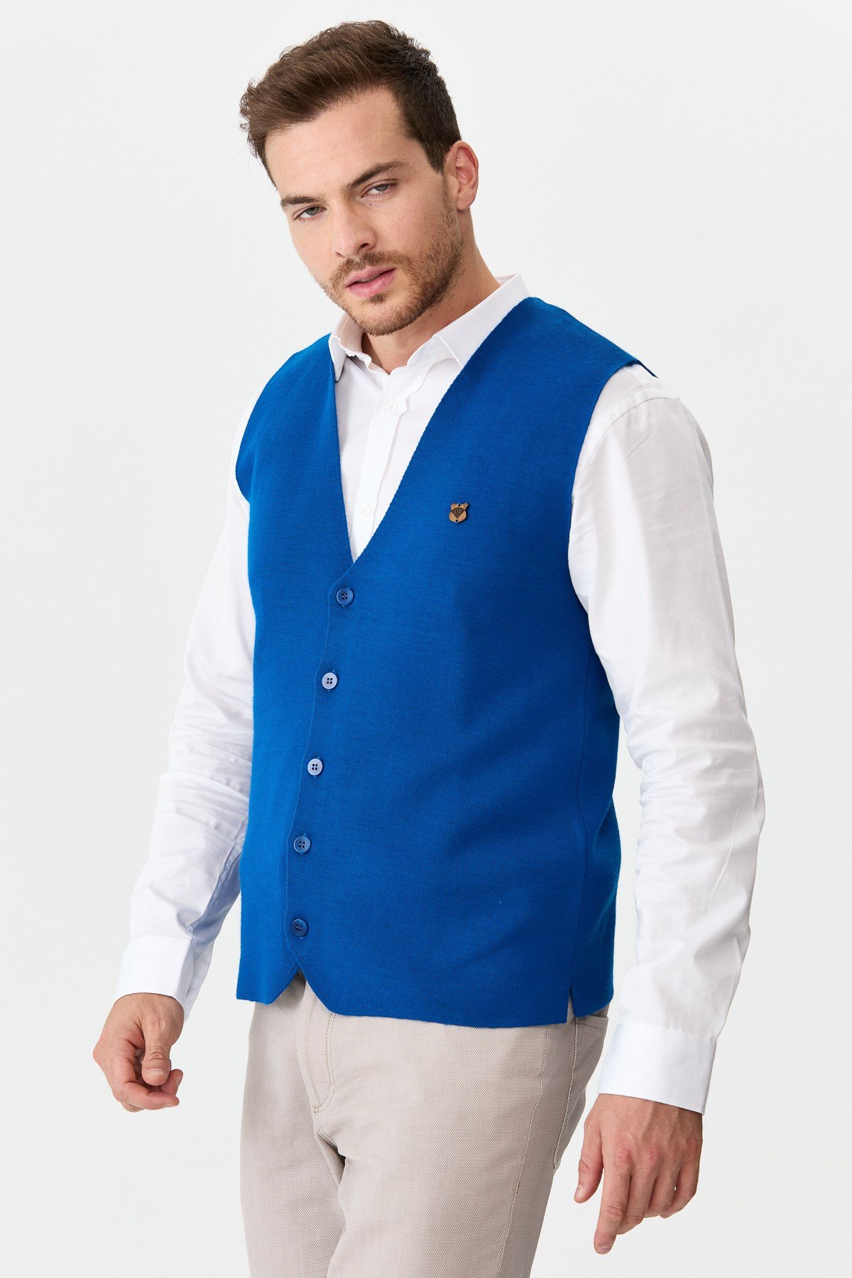 22511Erkek İnce Triko Düz Yelek Saks Mavi