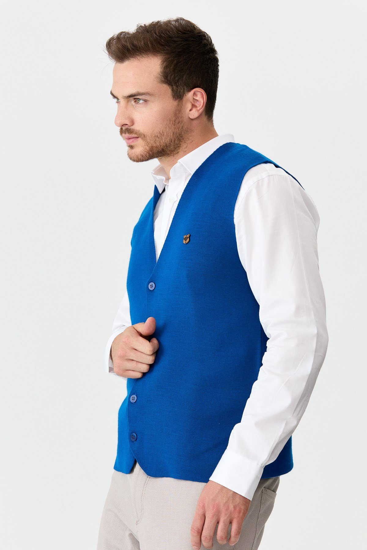 22511Erkek İnce Triko Düz Yelek Saks Mavi