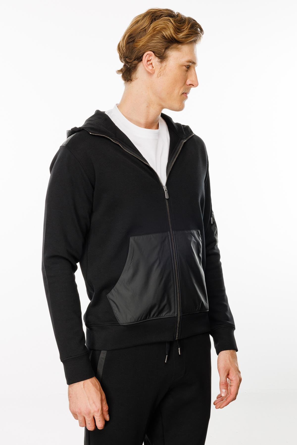 24451Erkek Kapüşonlu Kanguru Cepli Eşofman Üstü Siyah